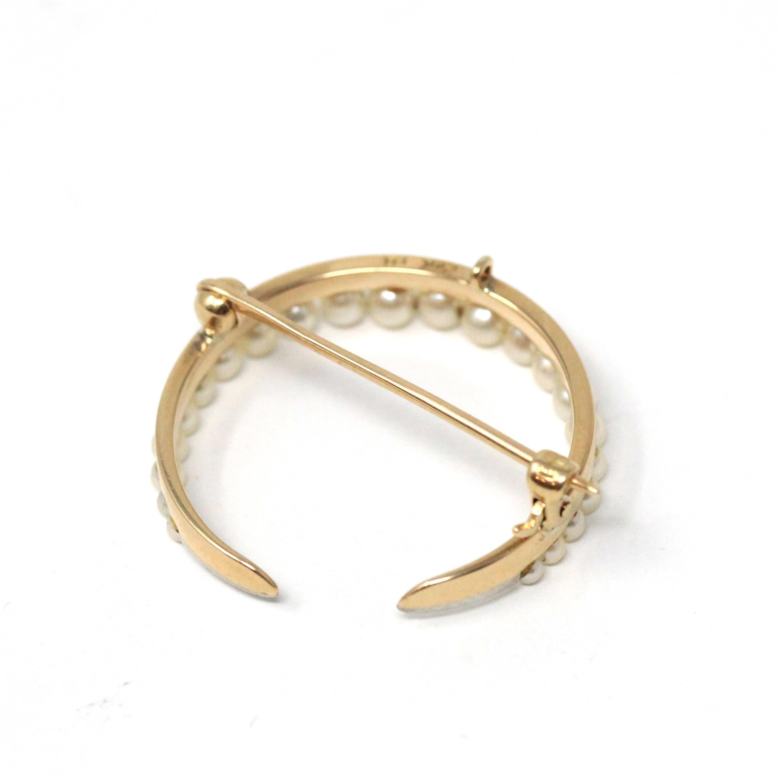 Antique Moon Brooch - Edwardian 14k Yellow Gold Natural Seed Pearl Gemstones - Vintage Circa 1910s Crescent Celestial Pin Fine Jewelry