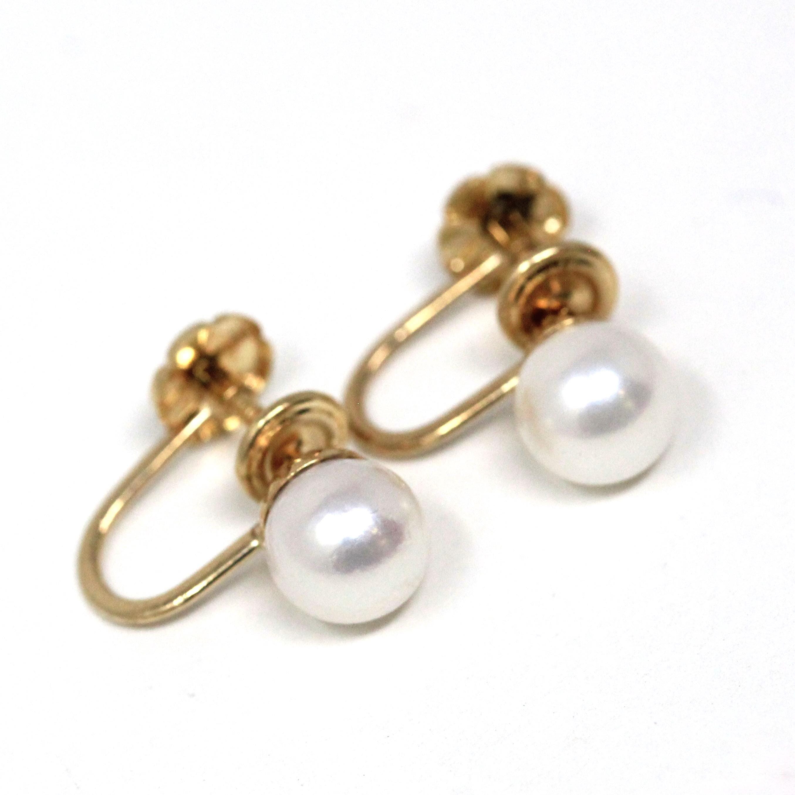 Cultured Pearl Earrings - Mid Century 14k Yellow Gold Round White Organic Gem Screw Backs - Vintage Circa 1940s Era June Birthstone Jewelry