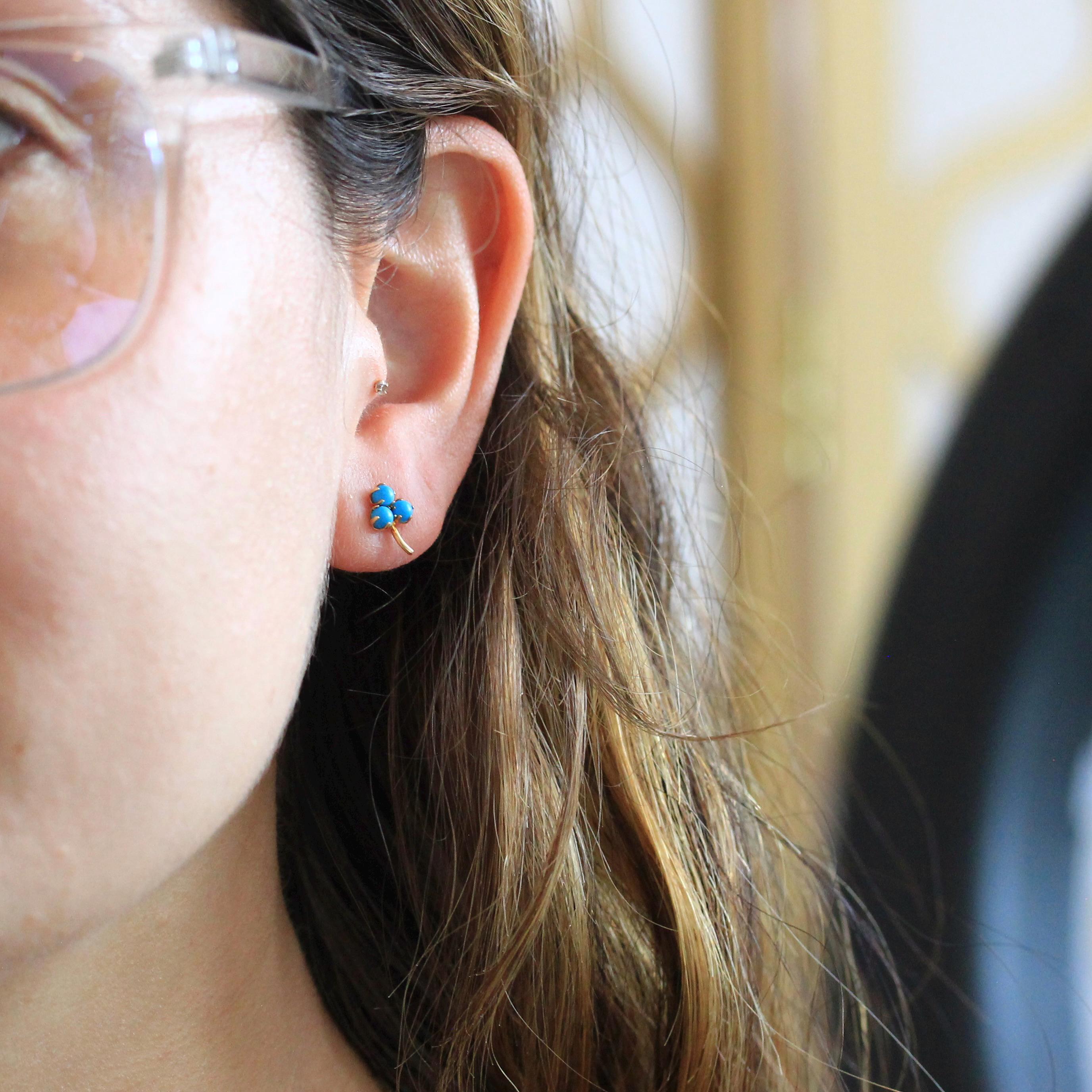 Modern Shamrock Earrings - Estate 14k Yellow Gold Dainty Push Backs Pair - Circa 2000's Era Three Leaf Clover Created Turquoise Fine Jewelry