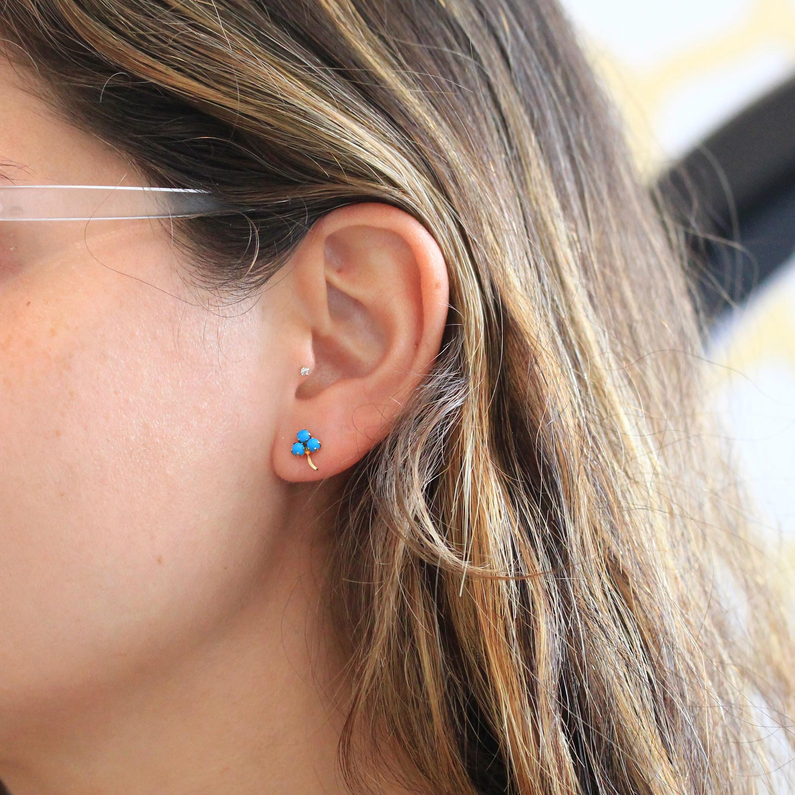 Modern Shamrock Earrings - Estate 14k Yellow Gold Dainty Push Backs Pair - Circa 2000's Era Three Leaf Clover Created Turquoise Fine Jewelry