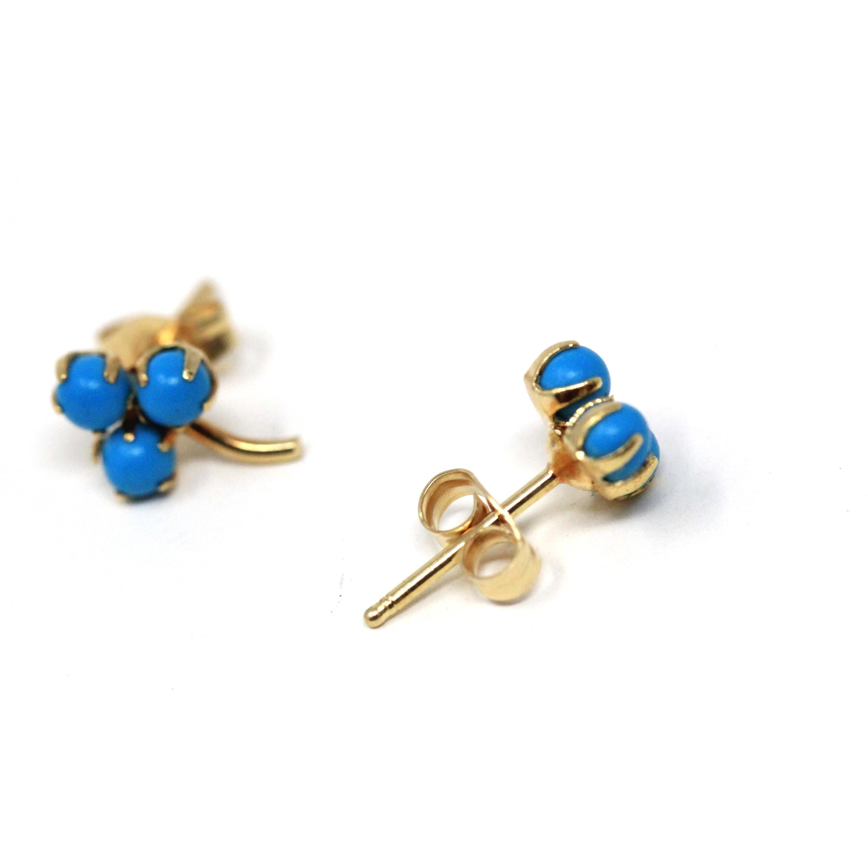 Modern Shamrock Earrings - Estate 14k Yellow Gold Dainty Push Backs Pair - Circa 2000's Era Three Leaf Clover Created Turquoise Fine Jewelry
