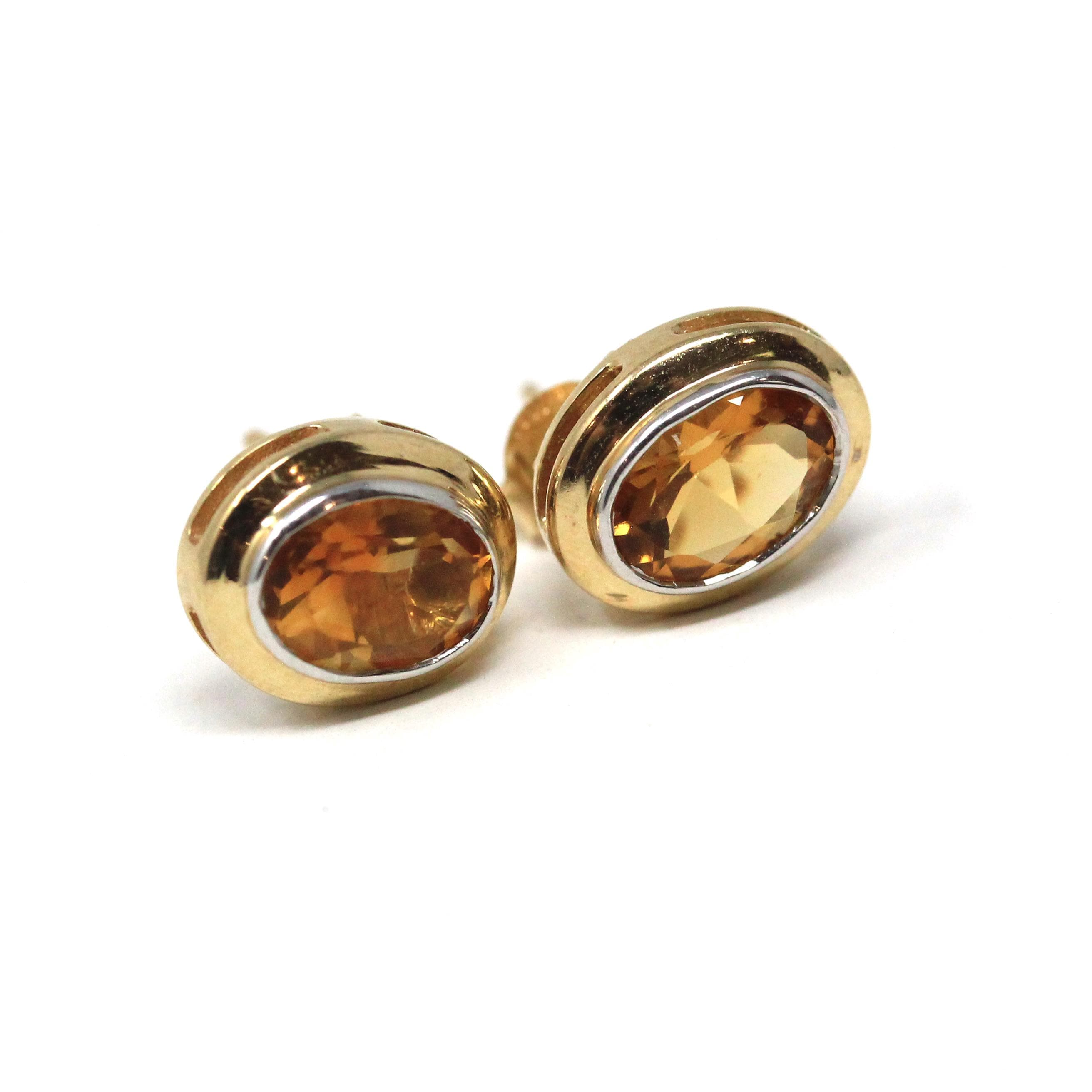 Modern Citrine Earrings - Estate 10k Yellow Gold Natural Oval Orange Gemstone Bezel Post Studs - Modern 2000s Era Pierced Push Back Jewelry