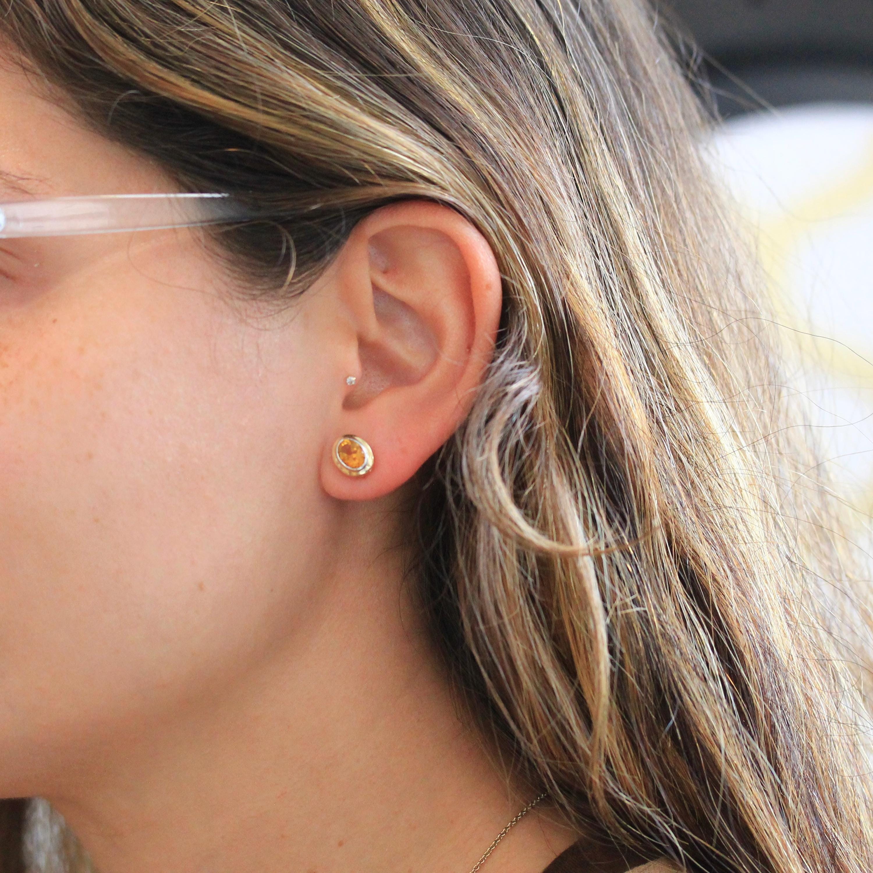 Modern Citrine Earrings - Estate 10k Yellow Gold Natural Oval Orange Gemstone Bezel Post Studs - Modern 2000s Era Pierced Push Back Jewelry