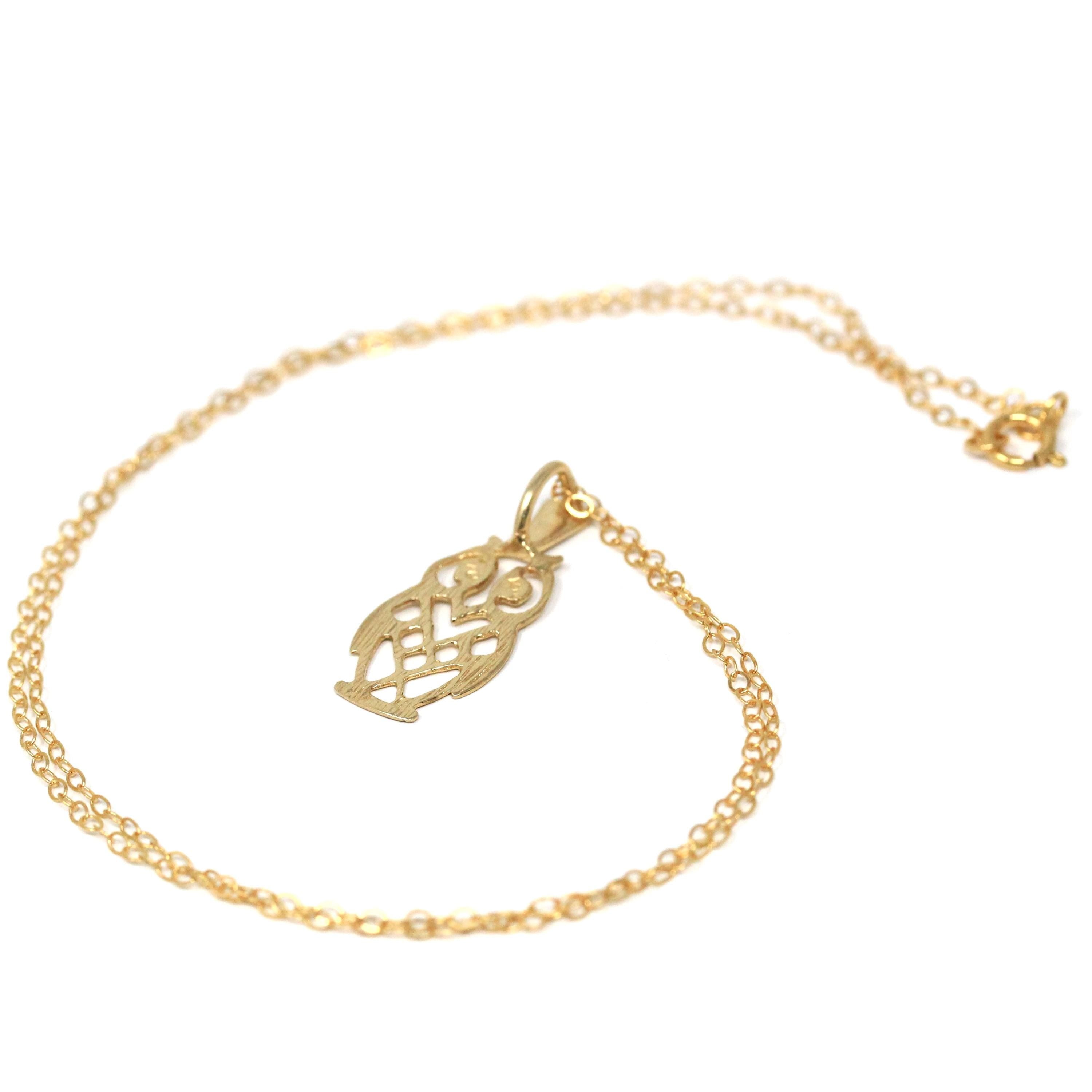 Modern Owl Necklace - Estate 14k Yellow Gold Figural Hoot Pendant Charm - Circa 2000s Feathered Open Metal Dainty Animal Bird Fine Jewelry