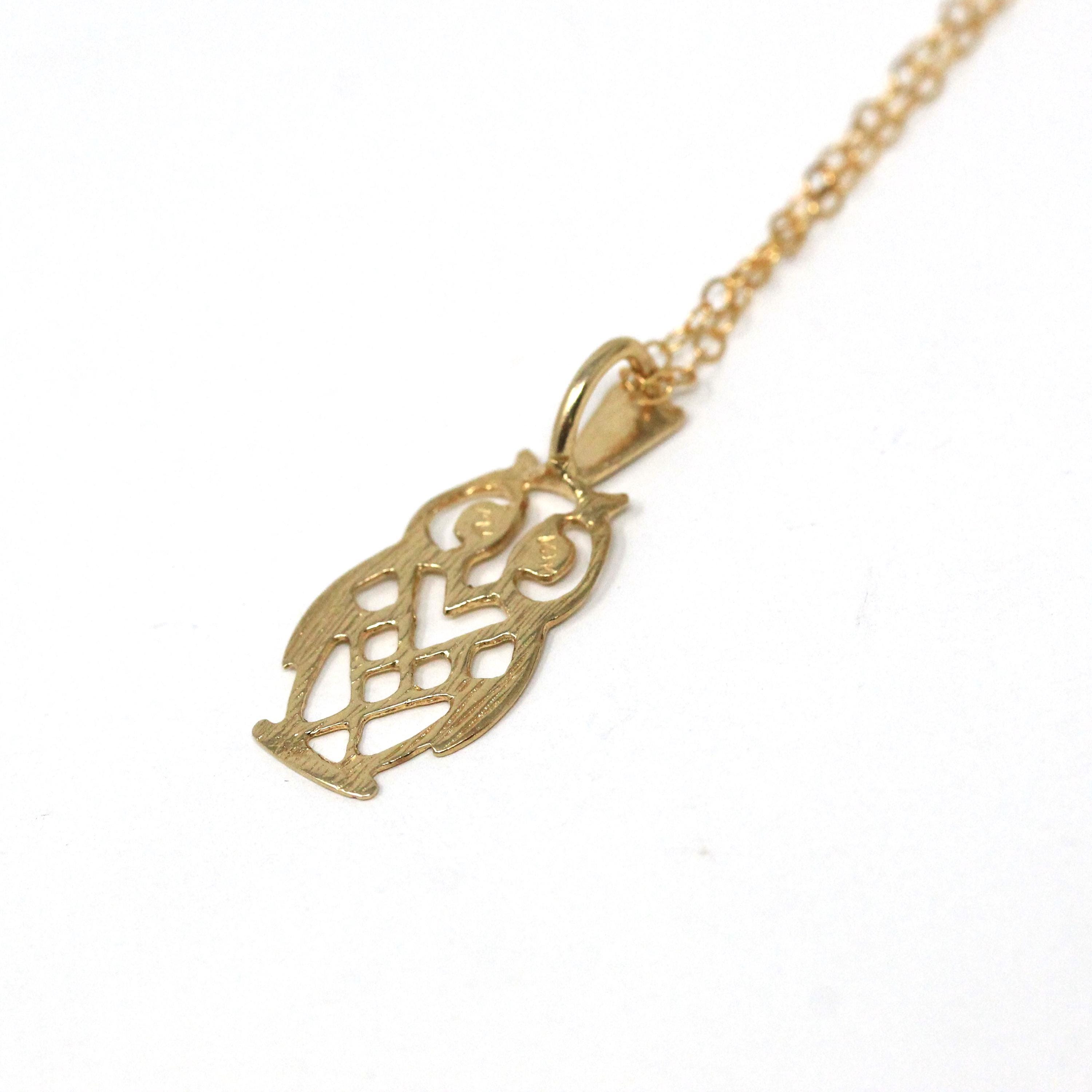 Modern Owl Necklace - Estate 14k Yellow Gold Figural Hoot Pendant Charm - Circa 2000s Feathered Open Metal Dainty Animal Bird Fine Jewelry