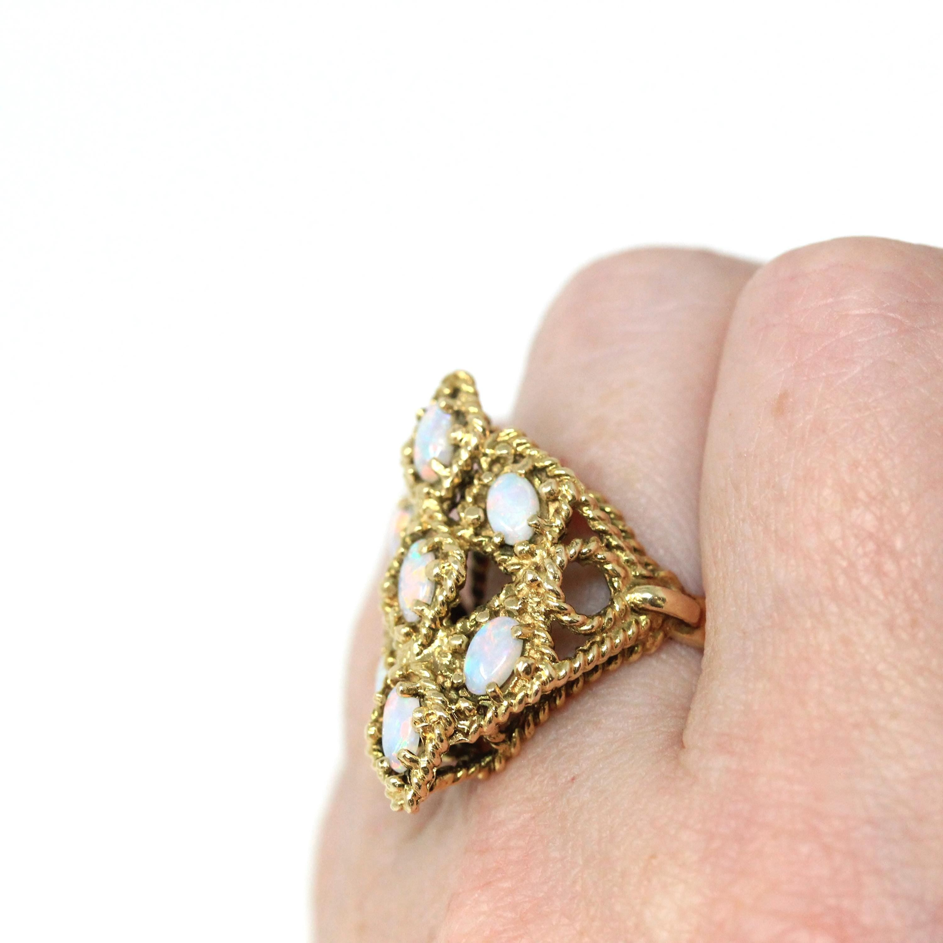 Retro Opal Cluster Ring - Vintage 14k Yellow Gold Natural Cabochon Cut Gemstones - Circa 1970s Size 6.5 Twisted Rope Fine Statement Jewelry