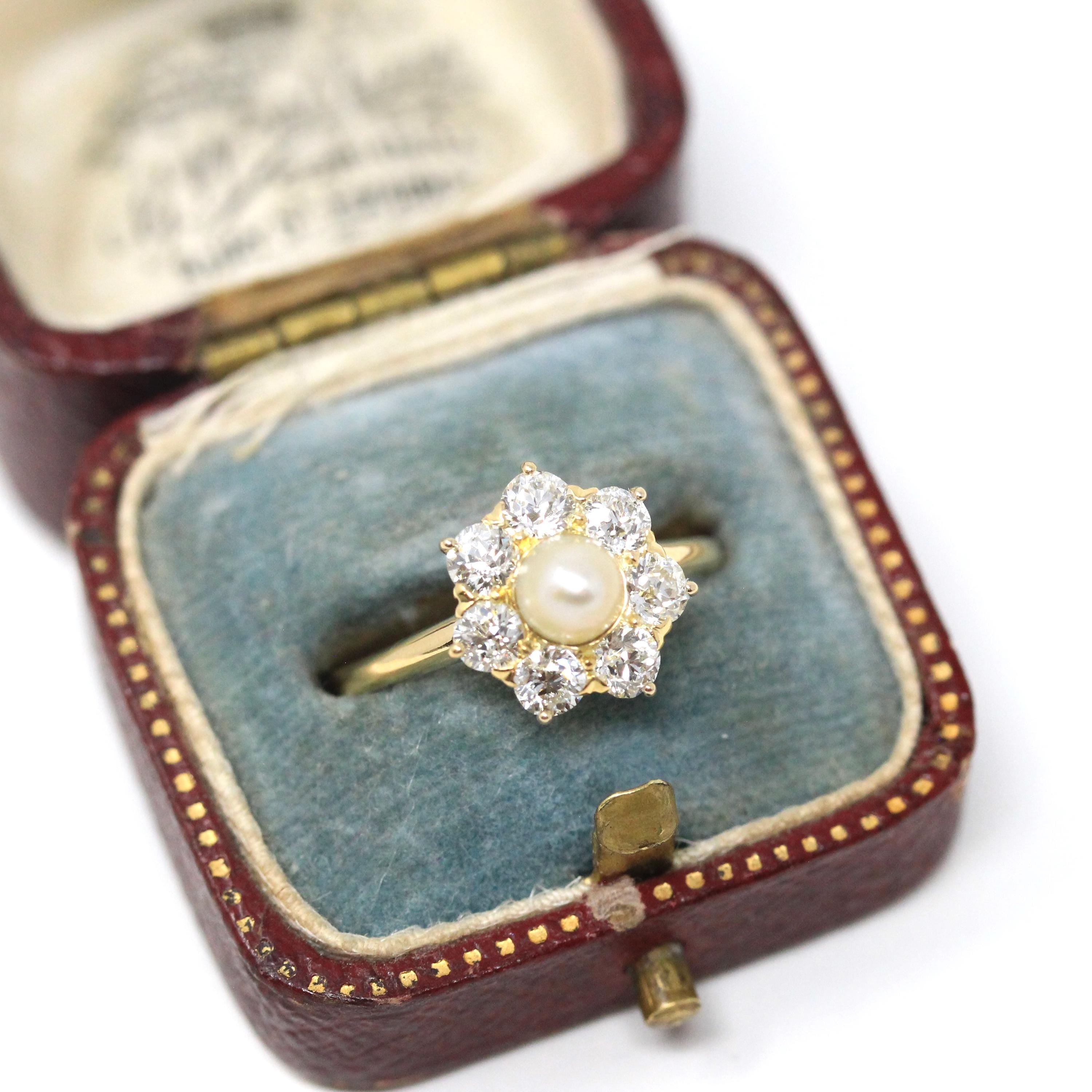 Vintage Pearl & Diamond Halo Ring - Edwardian 18k Yellow Gold Cluster Engagement - Antique Circa 1910s Size 6 June Birthstone Fine Jewelry