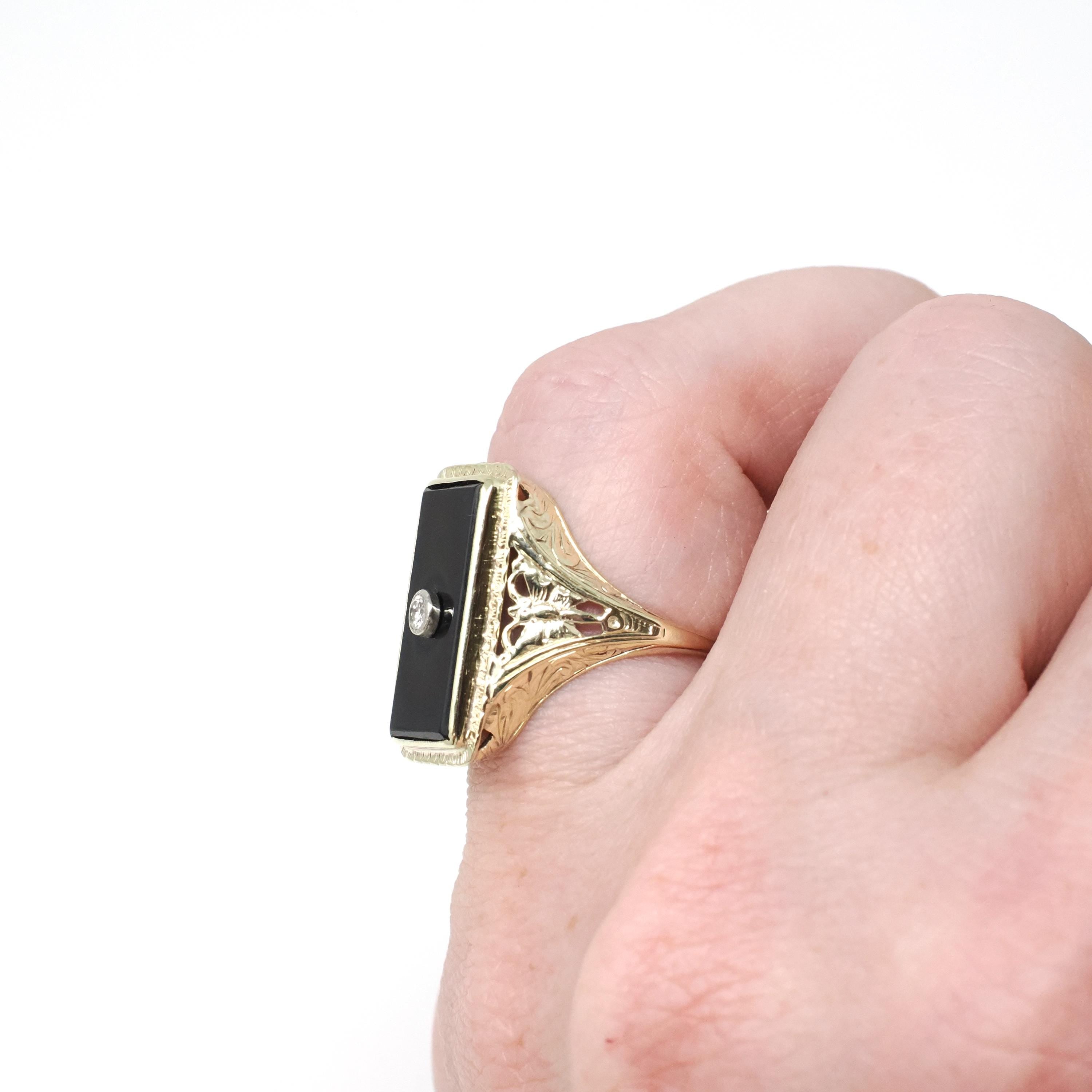 Onyx & Diamond Ring - Art Deco 14k Yellow Gold Black Gem Rectangle Butterfly Filigree - Vintage Circa 1930s Size 4.5 Fine Statement Jewelry