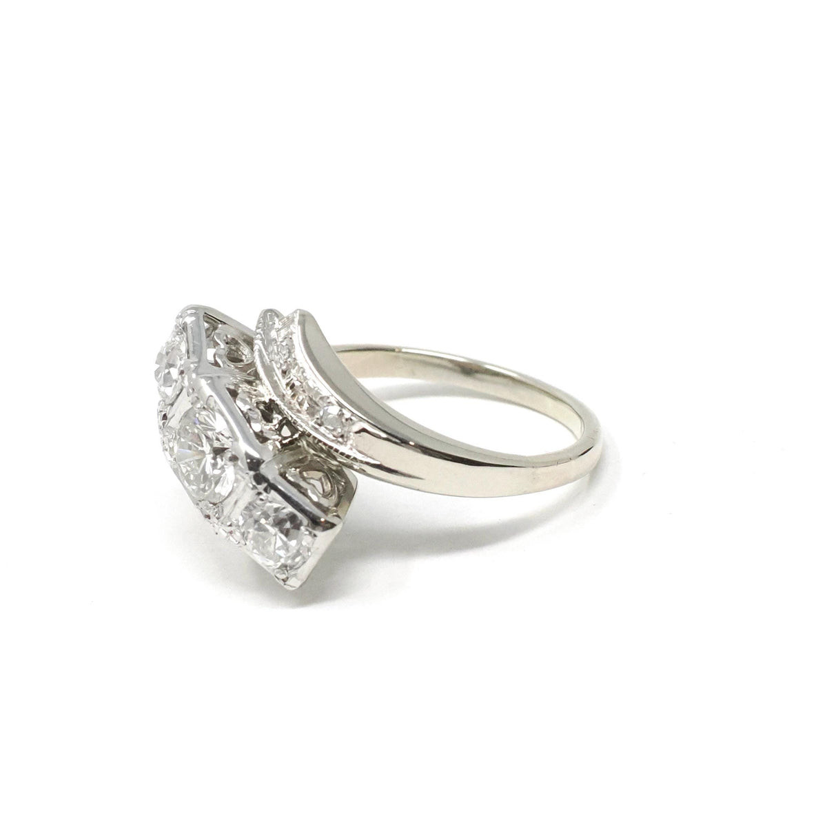 Mid Century Diamond Ring - Vintage 14k White Gold Natural Gemstones Bypass Cocktail - Circa 1950s Era Size 5 3/4 Fine Statement Jewelry