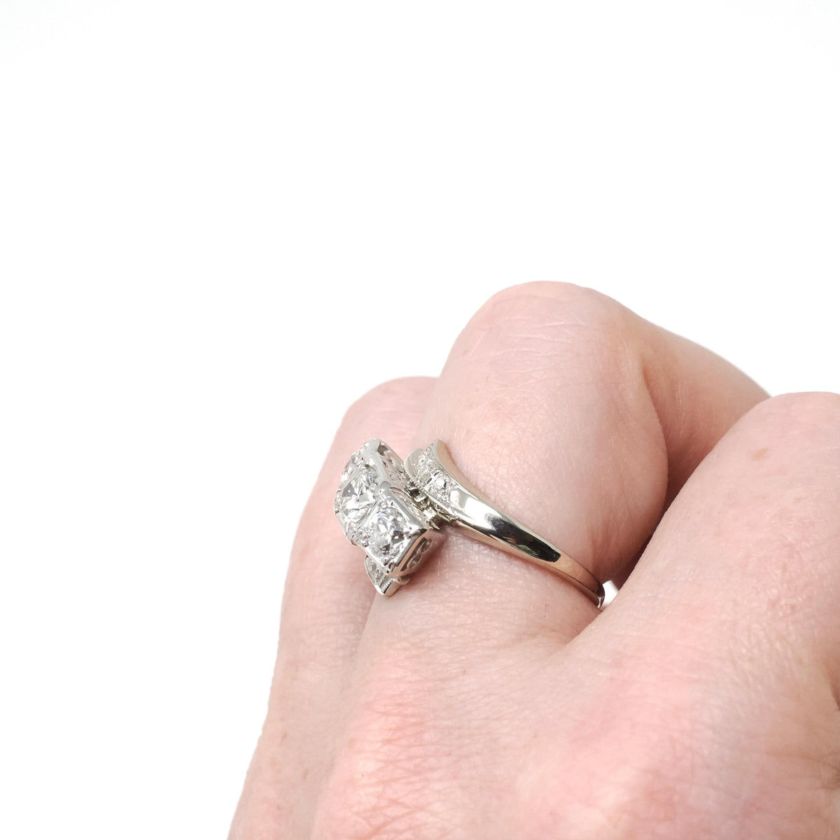 Mid Century Diamond Ring - Vintage 14k White Gold Natural Gemstones Bypass Cocktail - Circa 1950s Era Size 5 3/4 Fine Statement Jewelry