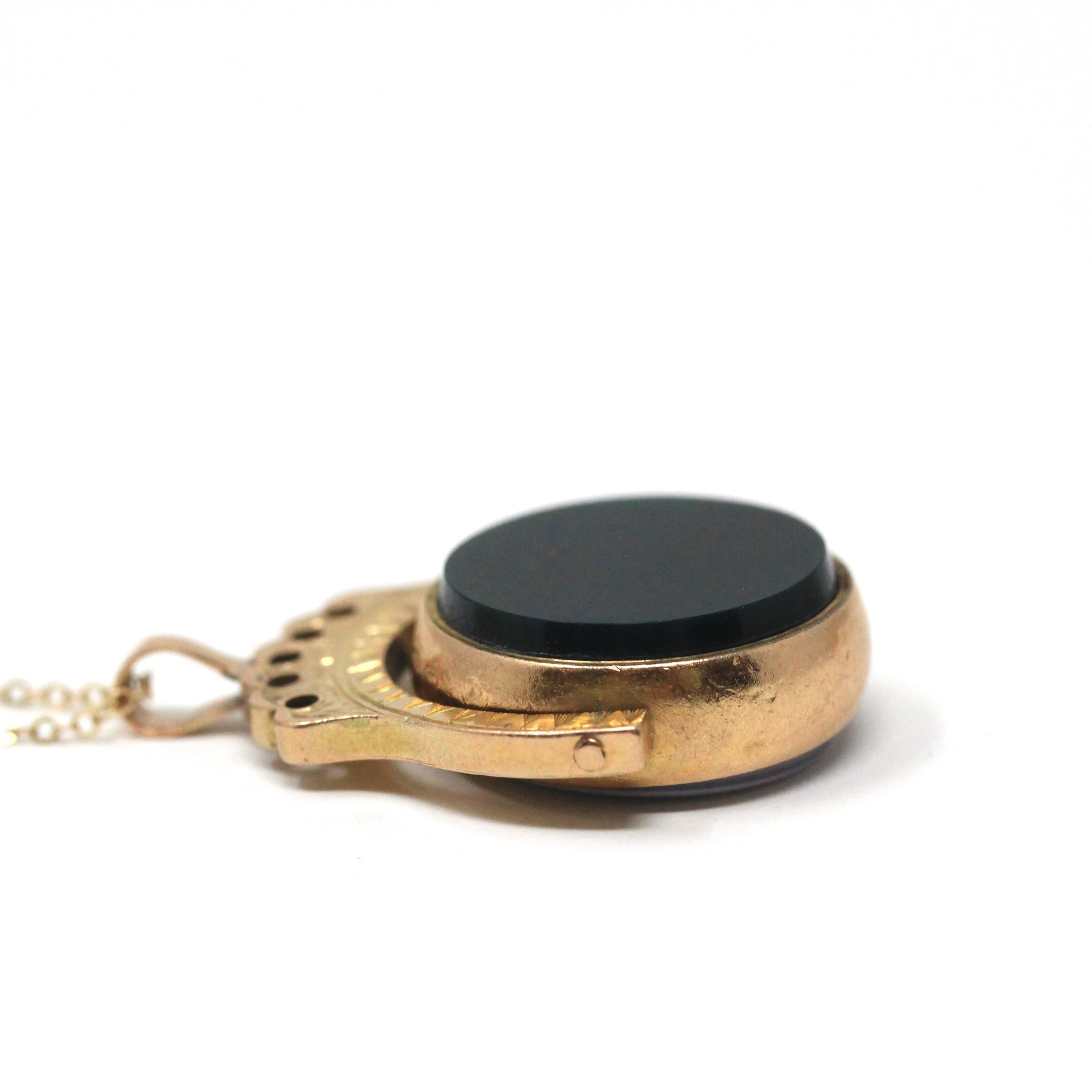 Antique Spinner Pendant - Edwardian 9K Yellow Gold Natural Bloodstone Sardonyx Flip Charm Necklace - Hallamrked 1911 Two Sided Fob Jewelry