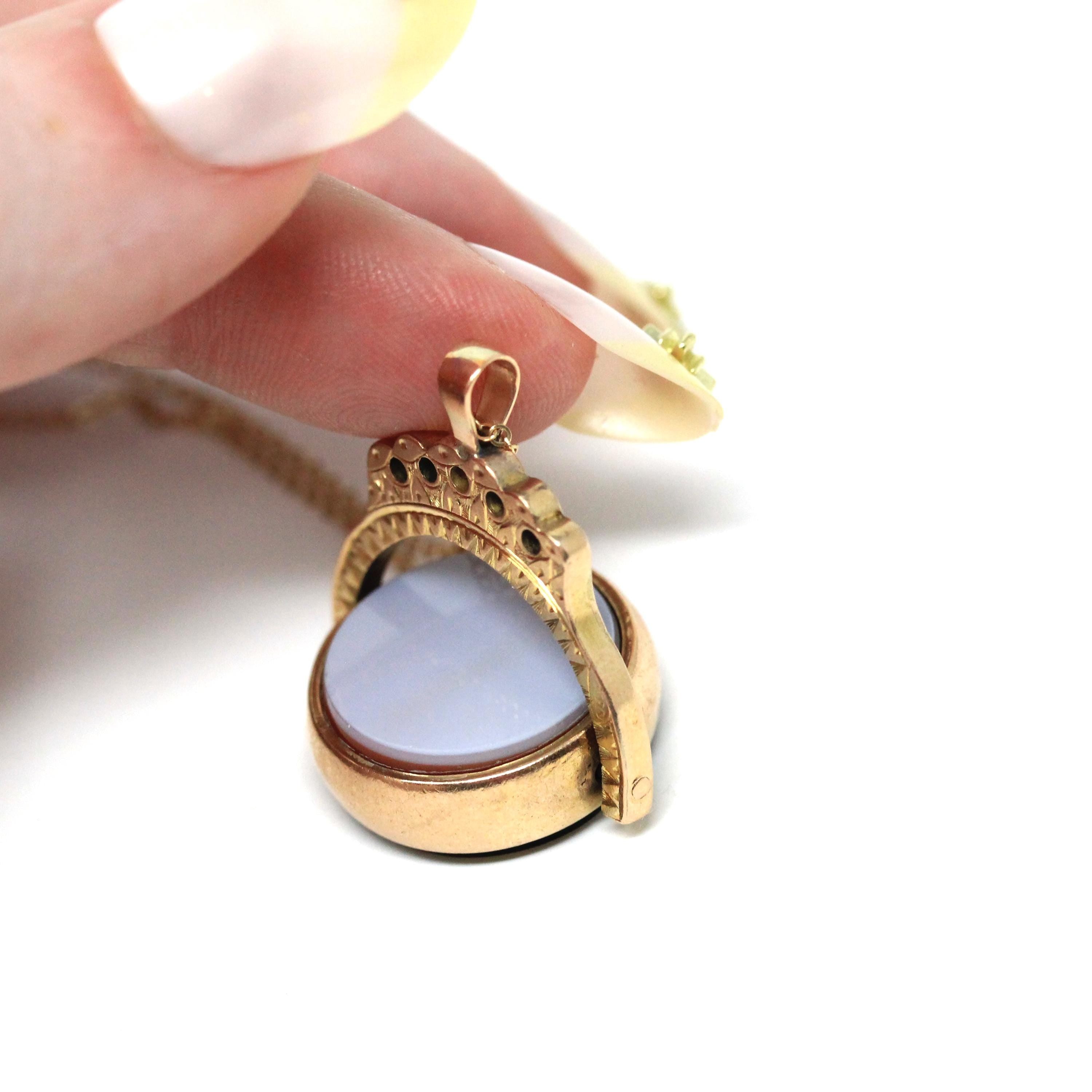 Antique Spinner Pendant - Edwardian 9K Yellow Gold Natural Bloodstone Sardonyx Flip Charm Necklace - Hallamrked 1911 Two Sided Fob Jewelry