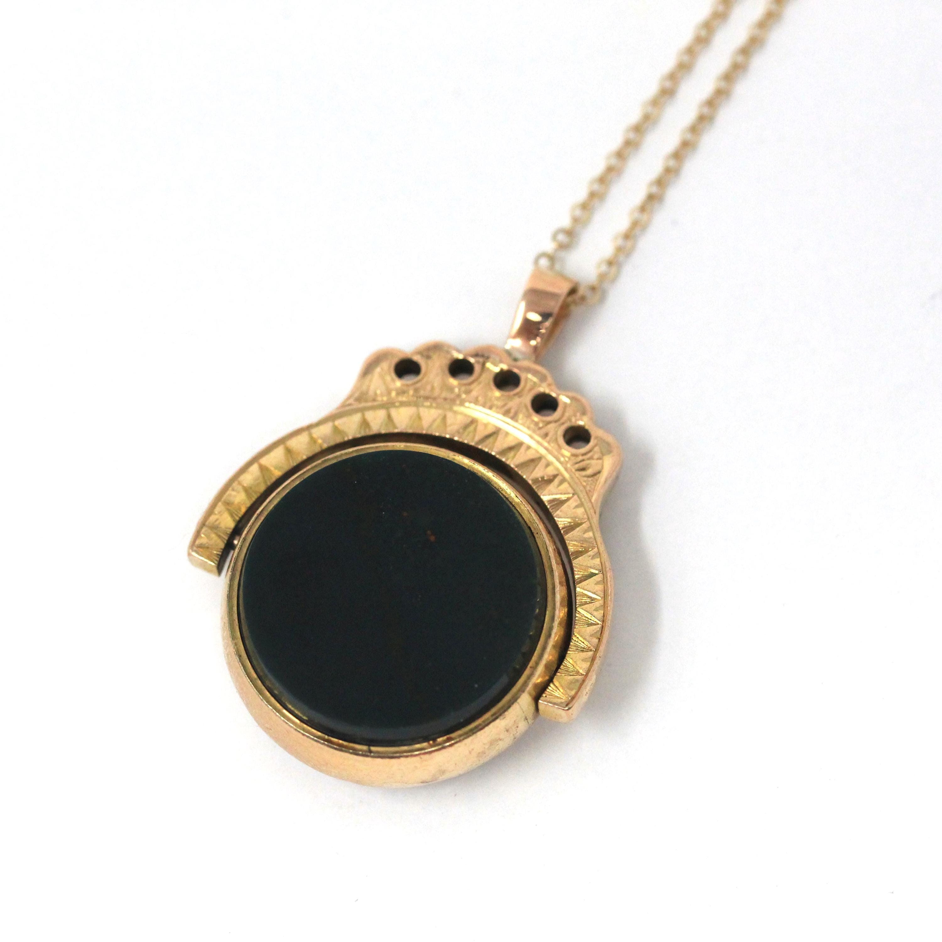 Antique Spinner Pendant - Edwardian 9K Yellow Gold Natural Bloodstone Sardonyx Flip Charm Necklace - Hallamrked 1911 Two Sided Fob Jewelry