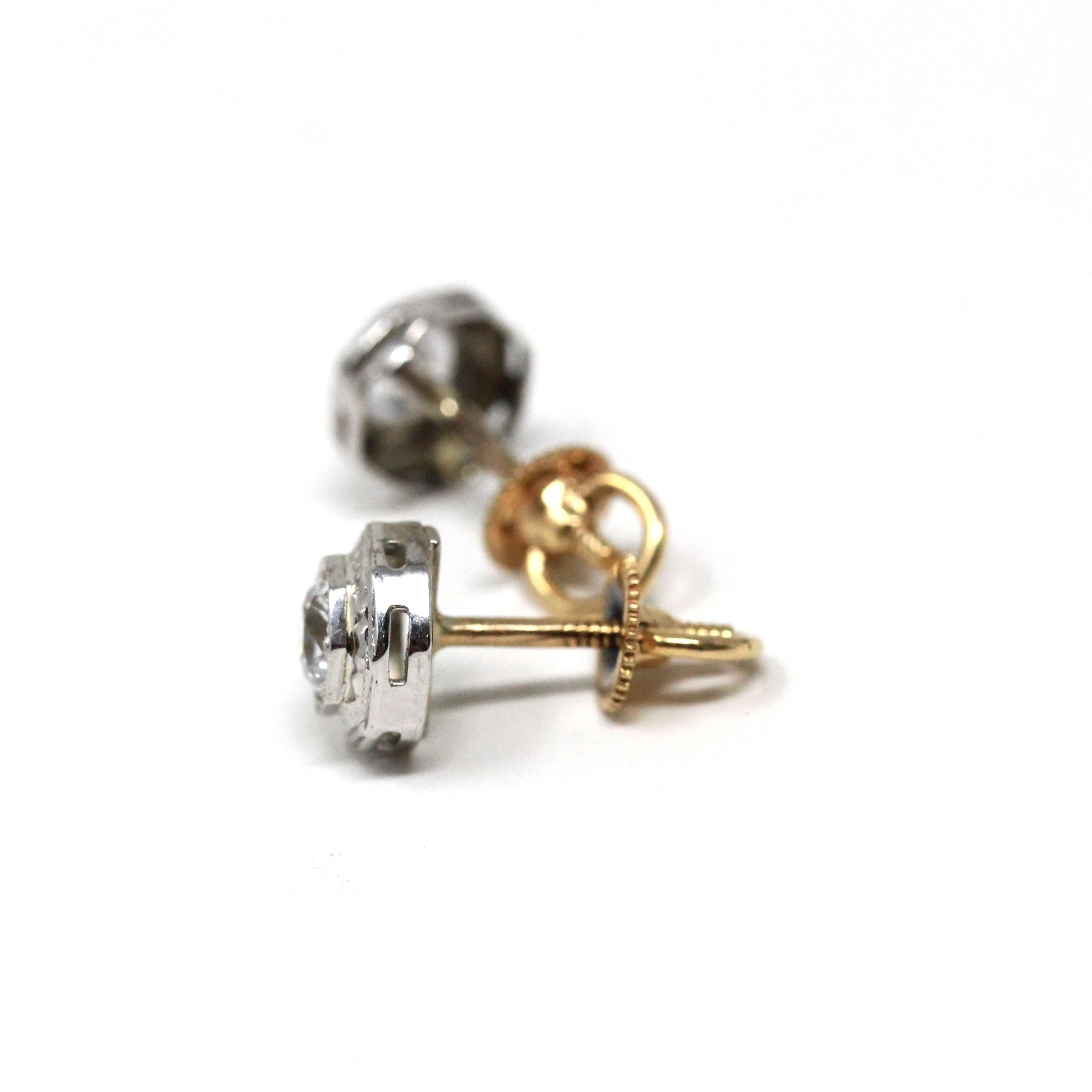 Art Deco Earrings - Vintage 14k White 18k Yellow Gold Created White Sapphire Two Tone Studs - Circa 1930s Era Pierced Push Back Fine Jewelry
