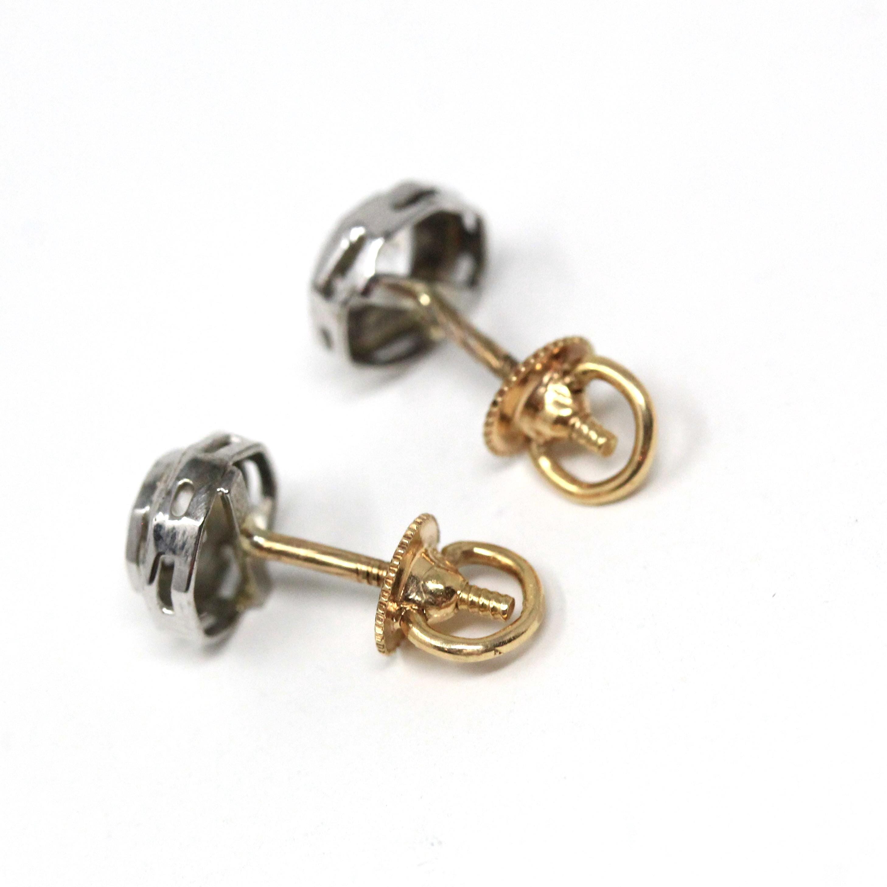 Art Deco Earrings - Vintage 14k White 18k Yellow Gold Created White Sapphire Two Tone Studs - Circa 1930s Era Pierced Push Back Fine Jewelry