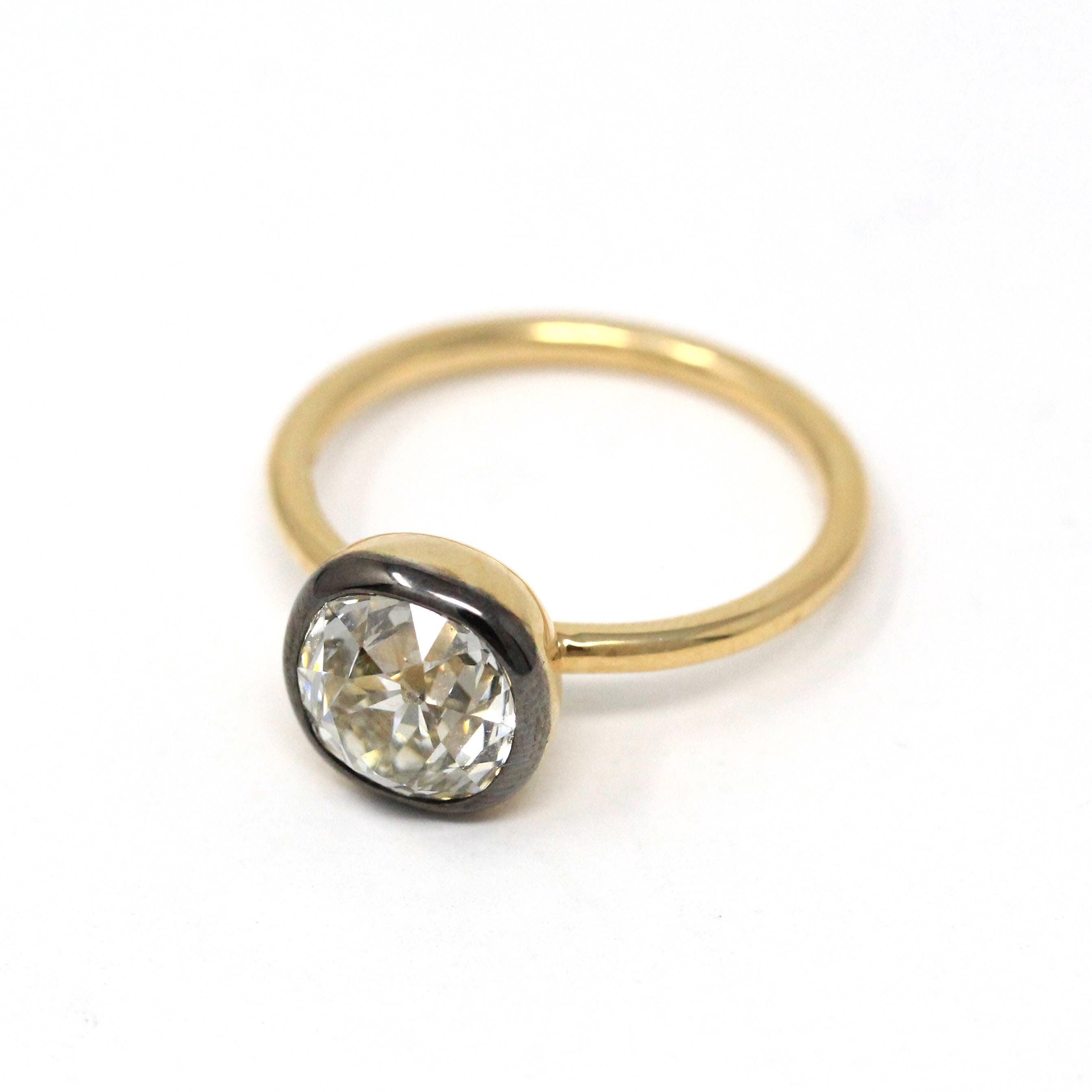 Antique 2.12 CT Old Mine Cut Diamond Engagement Ring - 18k Yellow Gold Blackened Platinum Bezel Two Tone Solitaire - Size 5 3/4 Fine Jewelry