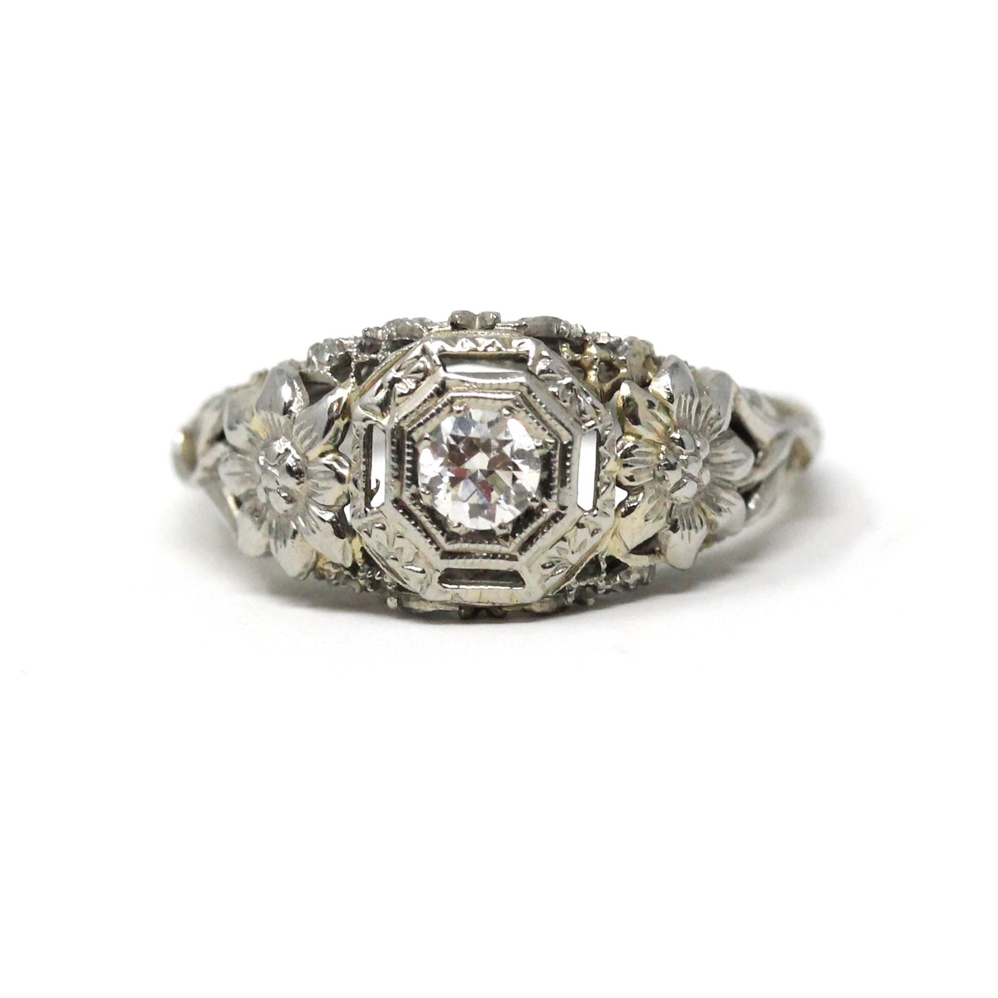 Vintage Diamond Ring - Art Deco 18k White Gold Natural Solitaire Engagement - Circa 1930s Era Floral Size 5 1/4 Flower Filigree Fine Jewelry