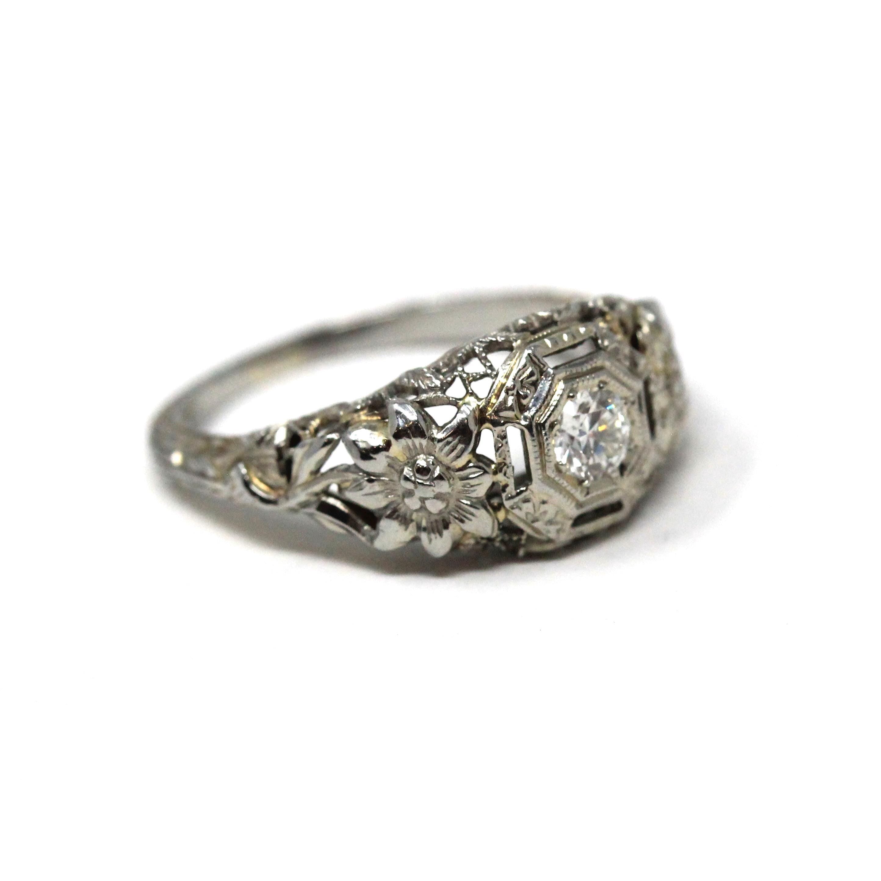 Vintage Diamond Ring - Art Deco 18k White Gold Natural Solitaire Engagement - Circa 1930s Era Floral Size 5 1/4 Flower Filigree Fine Jewelry