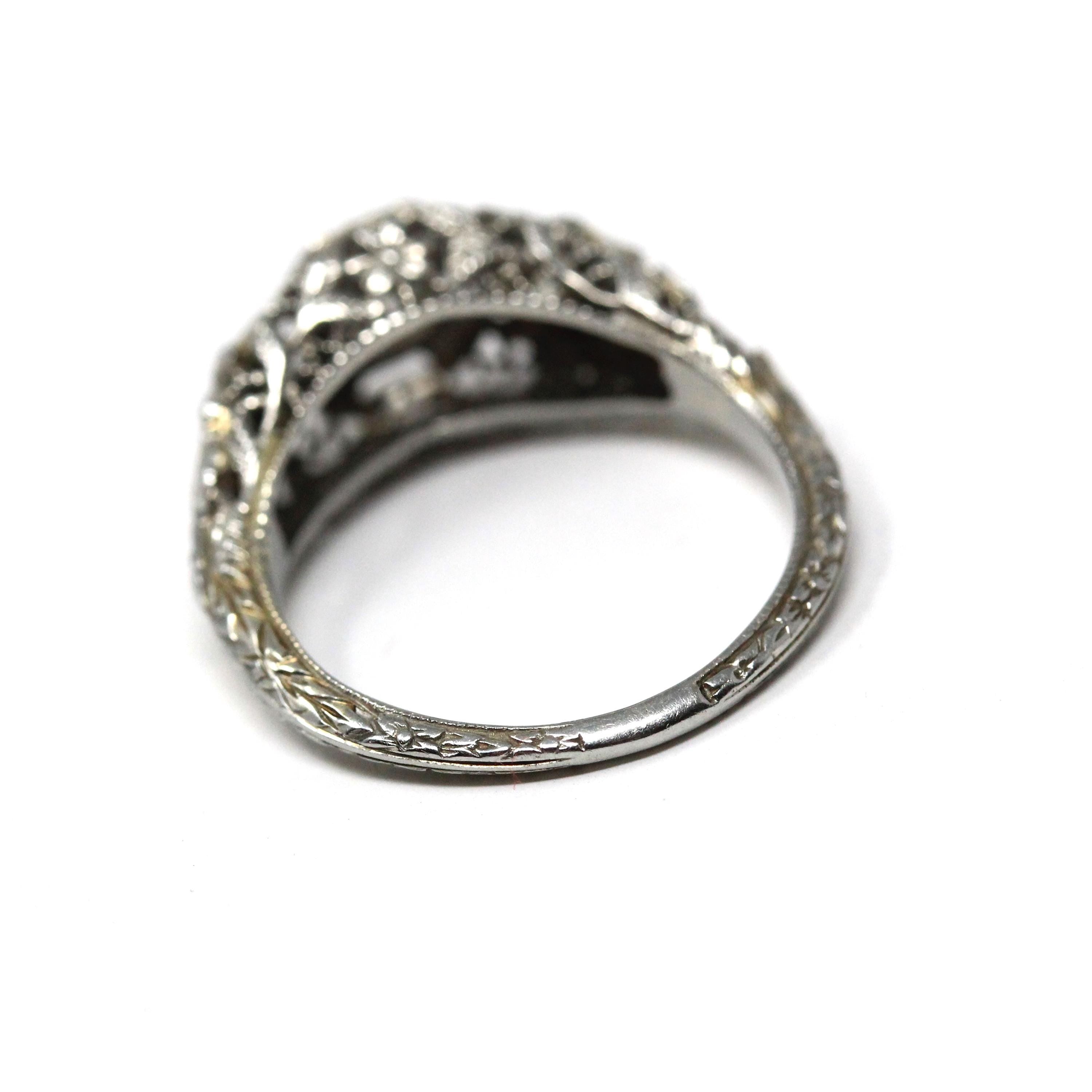 Vintage Diamond Ring - Art Deco 18k White Gold Natural Solitaire Engagement - Circa 1930s Era Floral Size 5 1/4 Flower Filigree Fine Jewelry