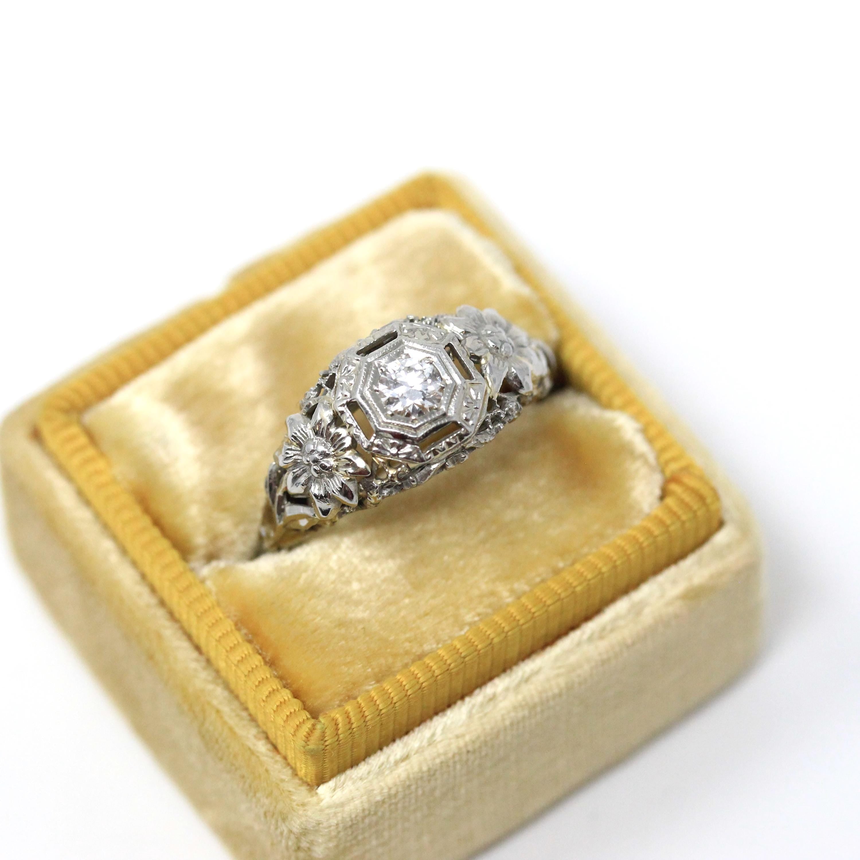 Vintage Diamond Ring - Art Deco 18k White Gold Natural Solitaire Engagement - Circa 1930s Era Floral Size 5 1/4 Flower Filigree Fine Jewelry