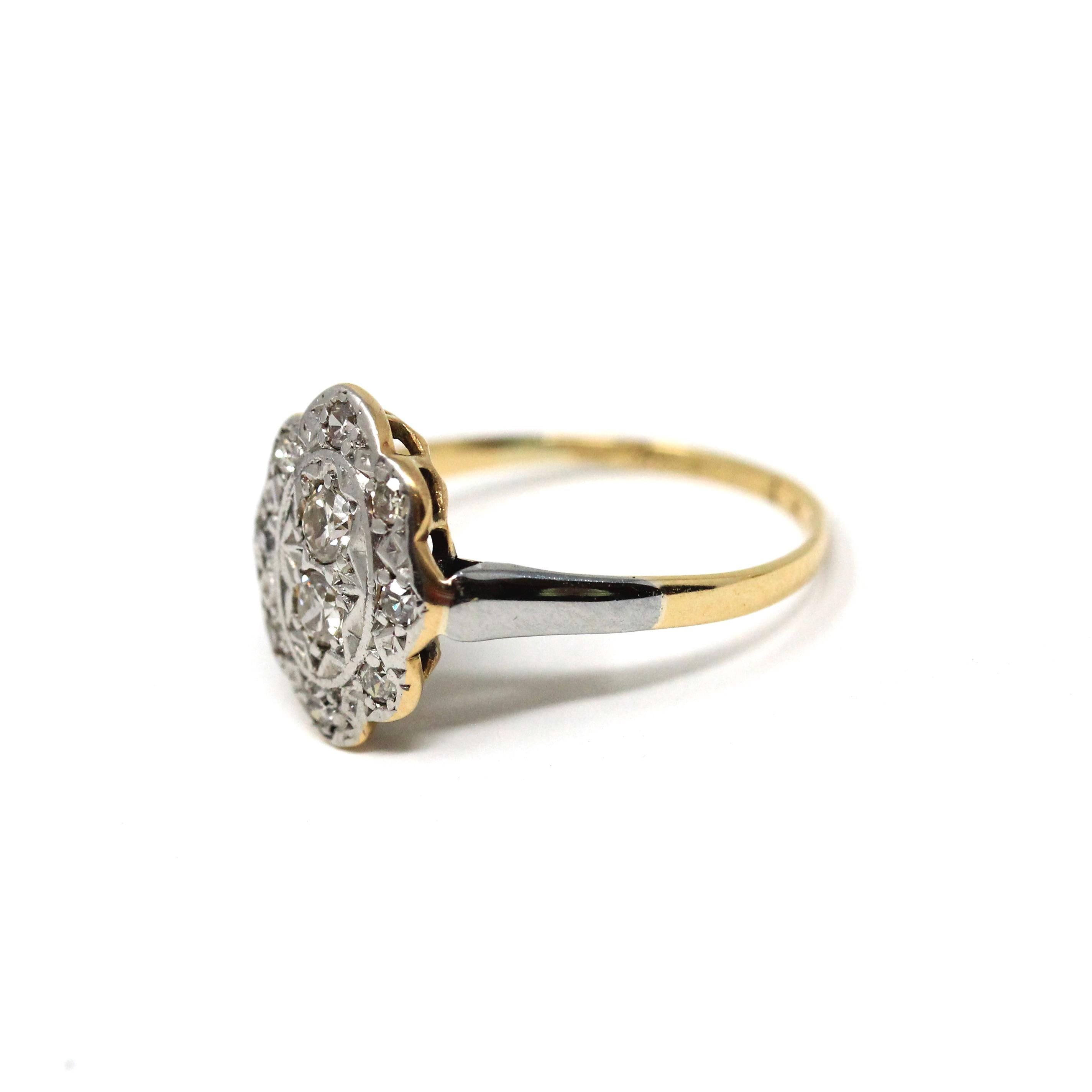 Vintage Shield Ring - Art Deco 18k Yellow Gold & Platinum Diamond Cluster Halo - Circa 1930s Era Size 4 1/2 Two Tone Fine Statement Jewelry