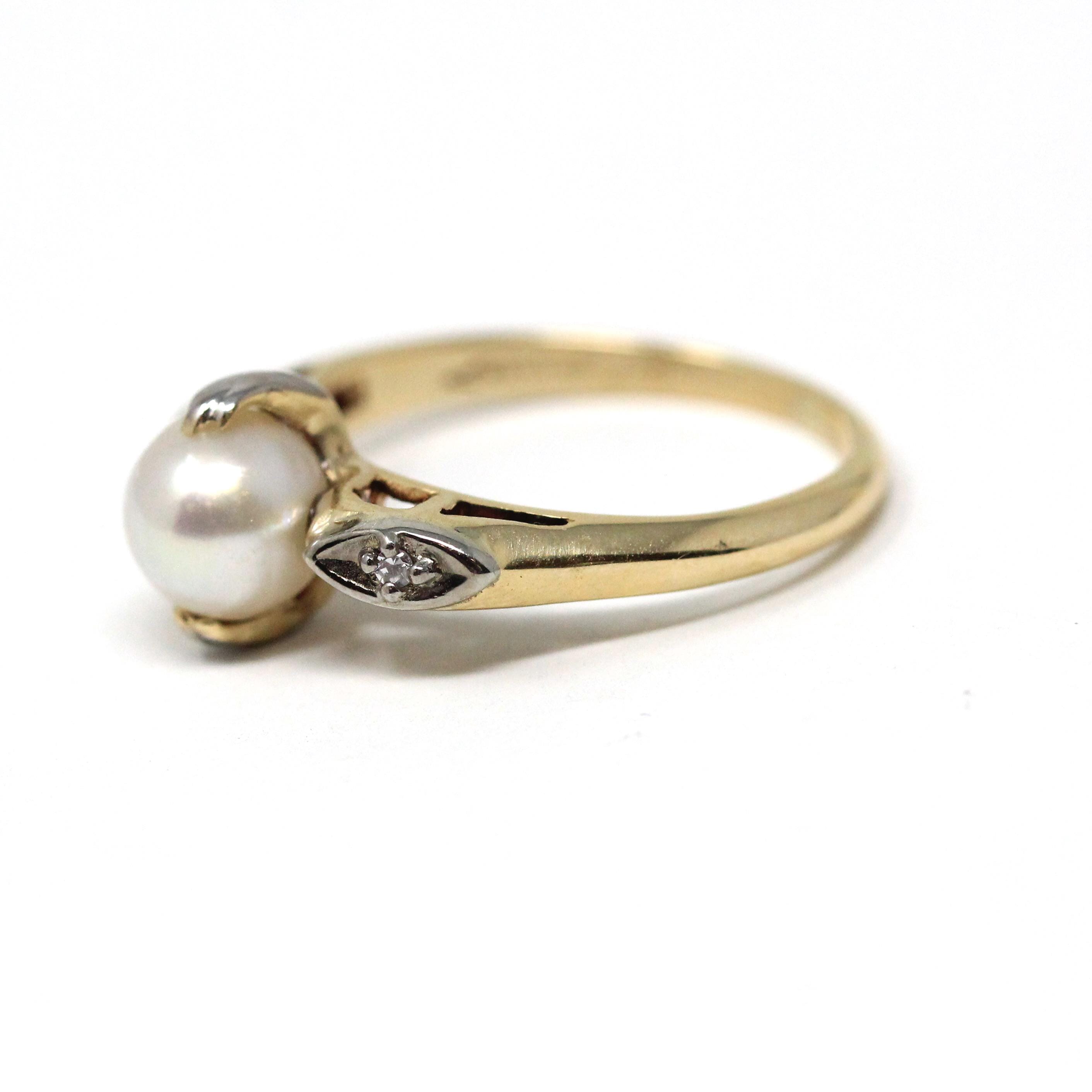 Cultured Pearl Ring - Mid Century 10k Yellow & White Gold Diamond Accents - Circa 1940s Era Size 5.5 June Birthstone Fine Statement Jewelry