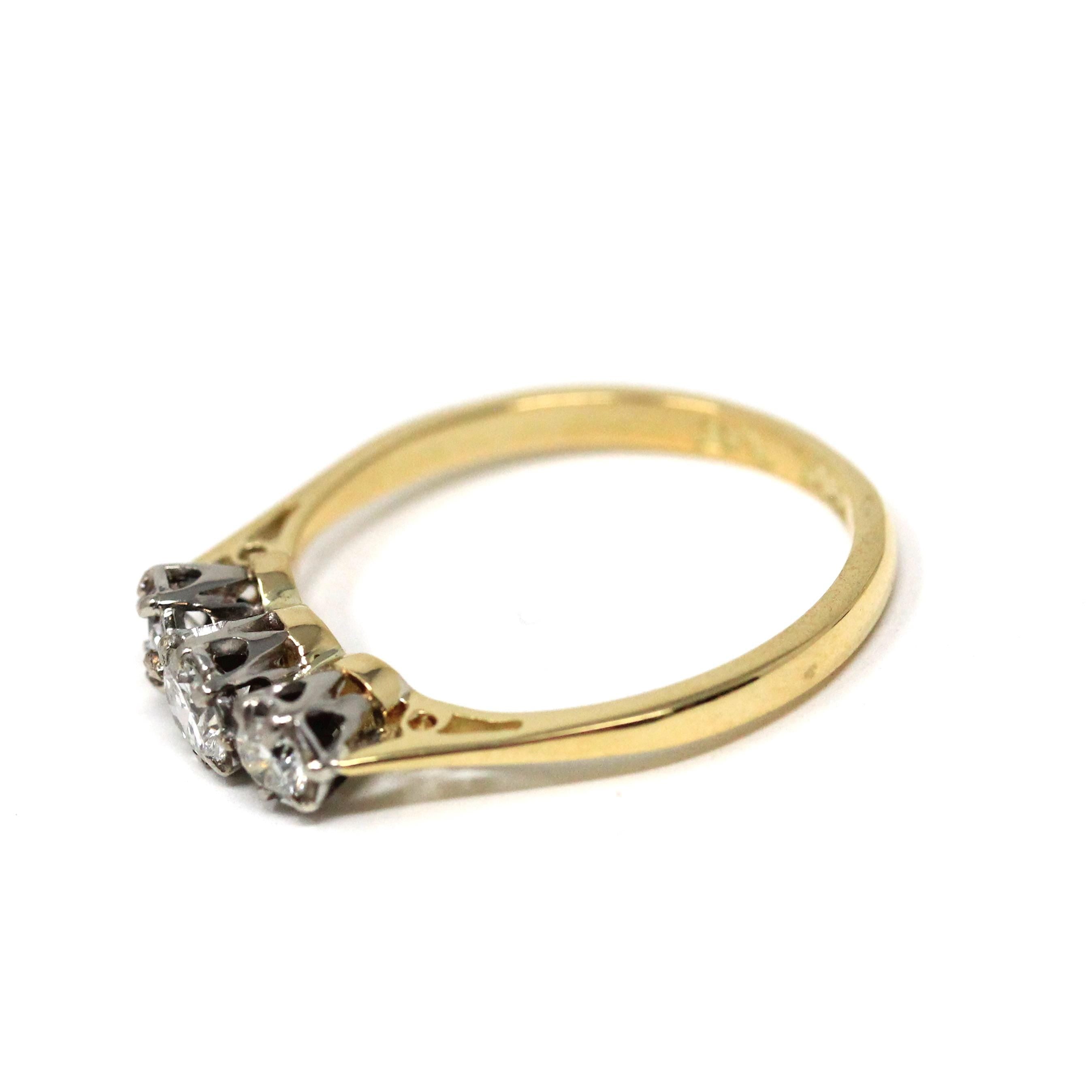 Vintage Diamond Ring - Mid Century Era 18k Yellow Gold & Platinum Natural Three Gemstone Band - Circa 1960s Size 6 1/4 Fine Bridal Jewelry