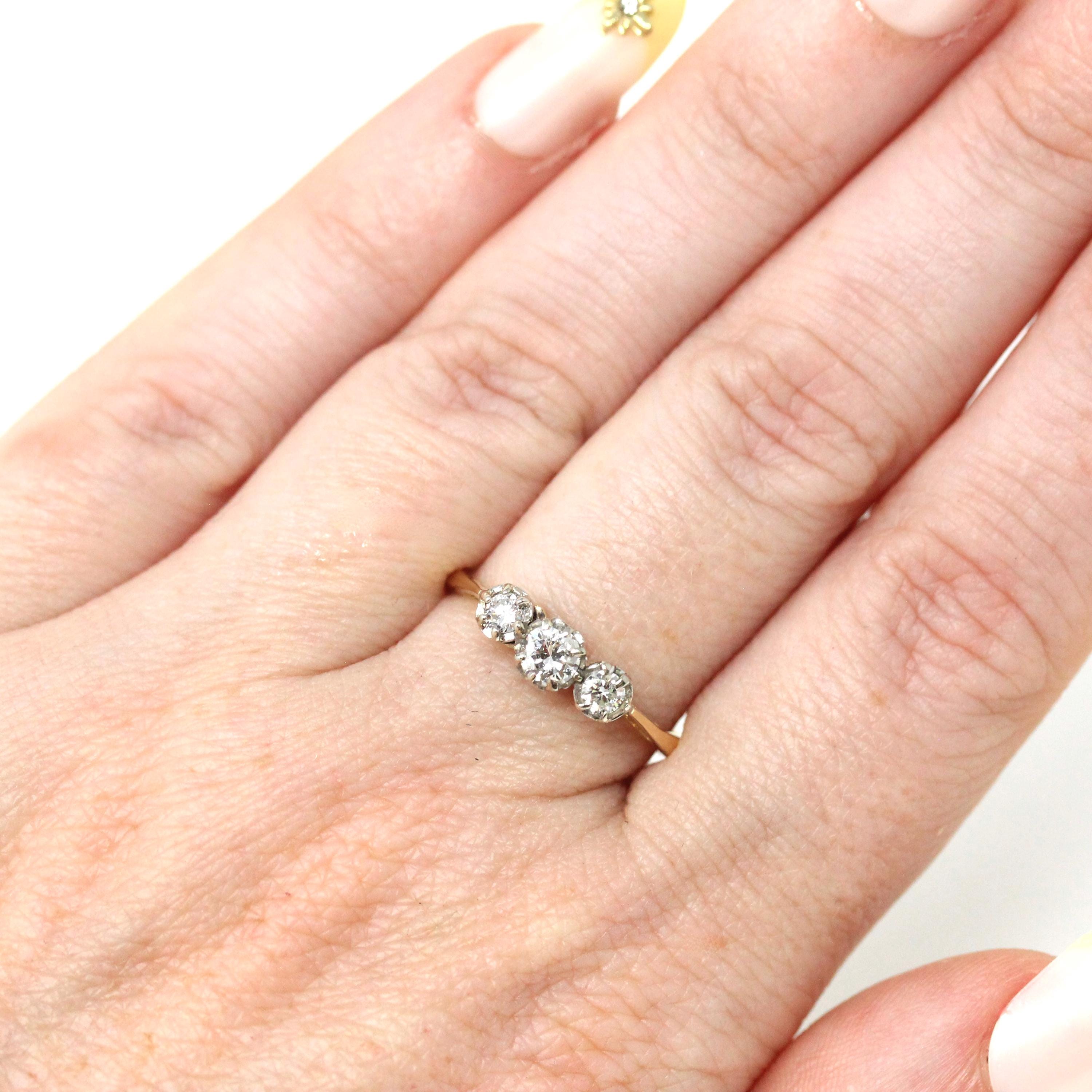 Vintage Diamond Ring - Mid Century Era 18k Yellow Gold & Platinum Natural Three Gemstone Band - Circa 1960s Size 6 1/4 Fine Bridal Jewelry