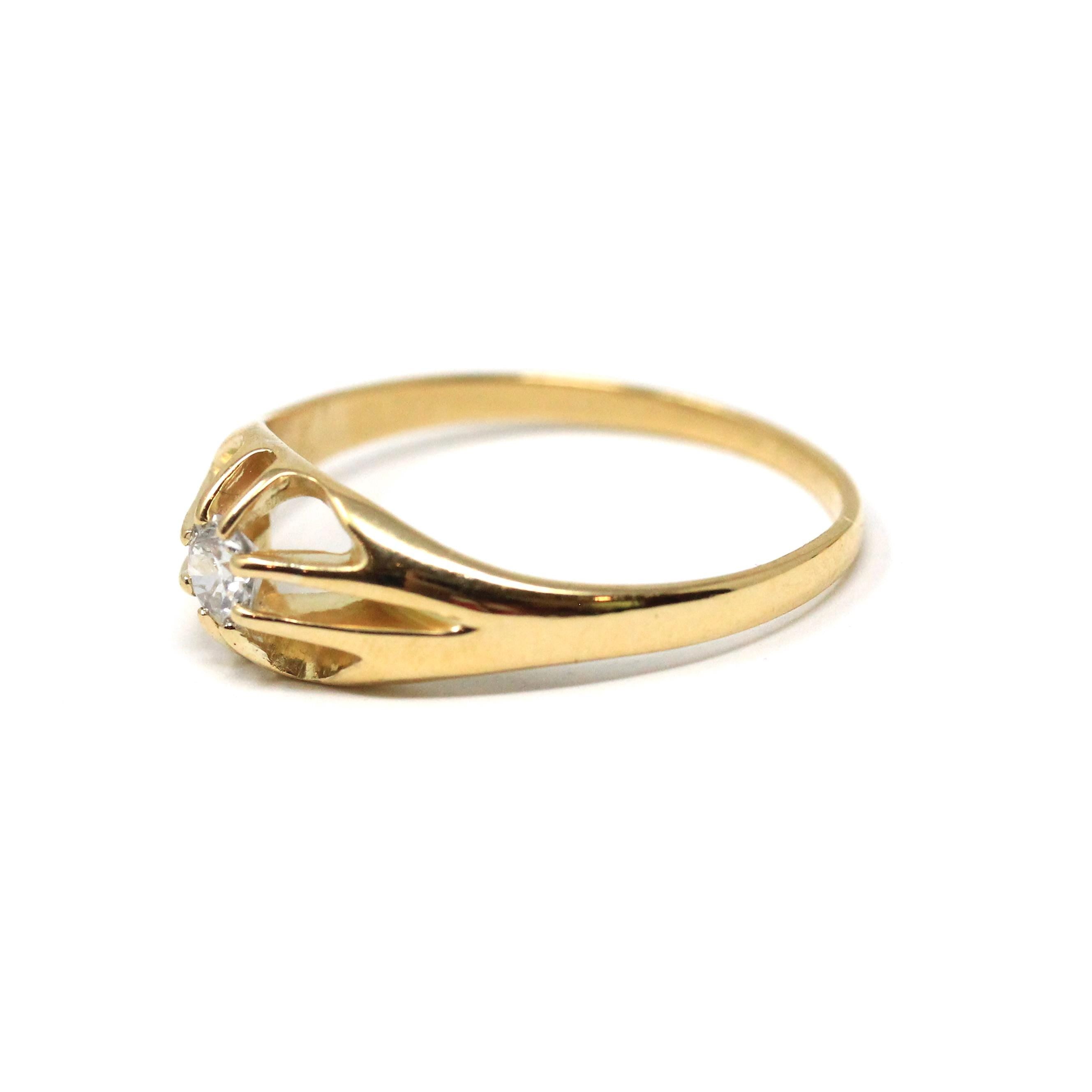 Edwardian Diamond Ring - Antique 18k Yellow Gold .23 CT Men's Unisex Solitaire - Antique 1910s Size 9 3/4 Belcher Fine Engagement Jewelry