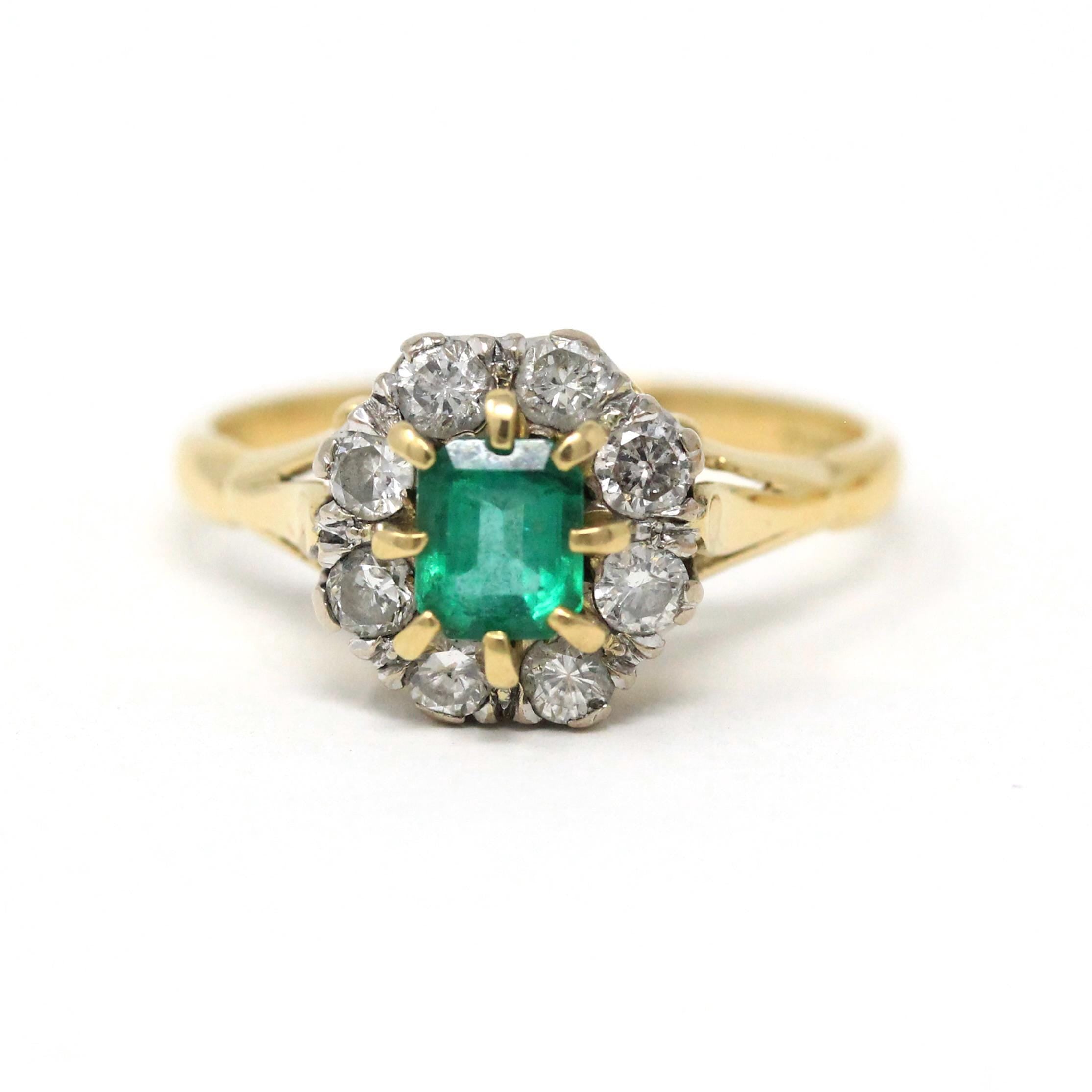 Emerald & Diamond Halo Ring - Estate 18k Yellow Gold Natural Green Gemstone .36 CTW Cluster - Hallmarked 1994 Engagement Bridal Fine Jewelry