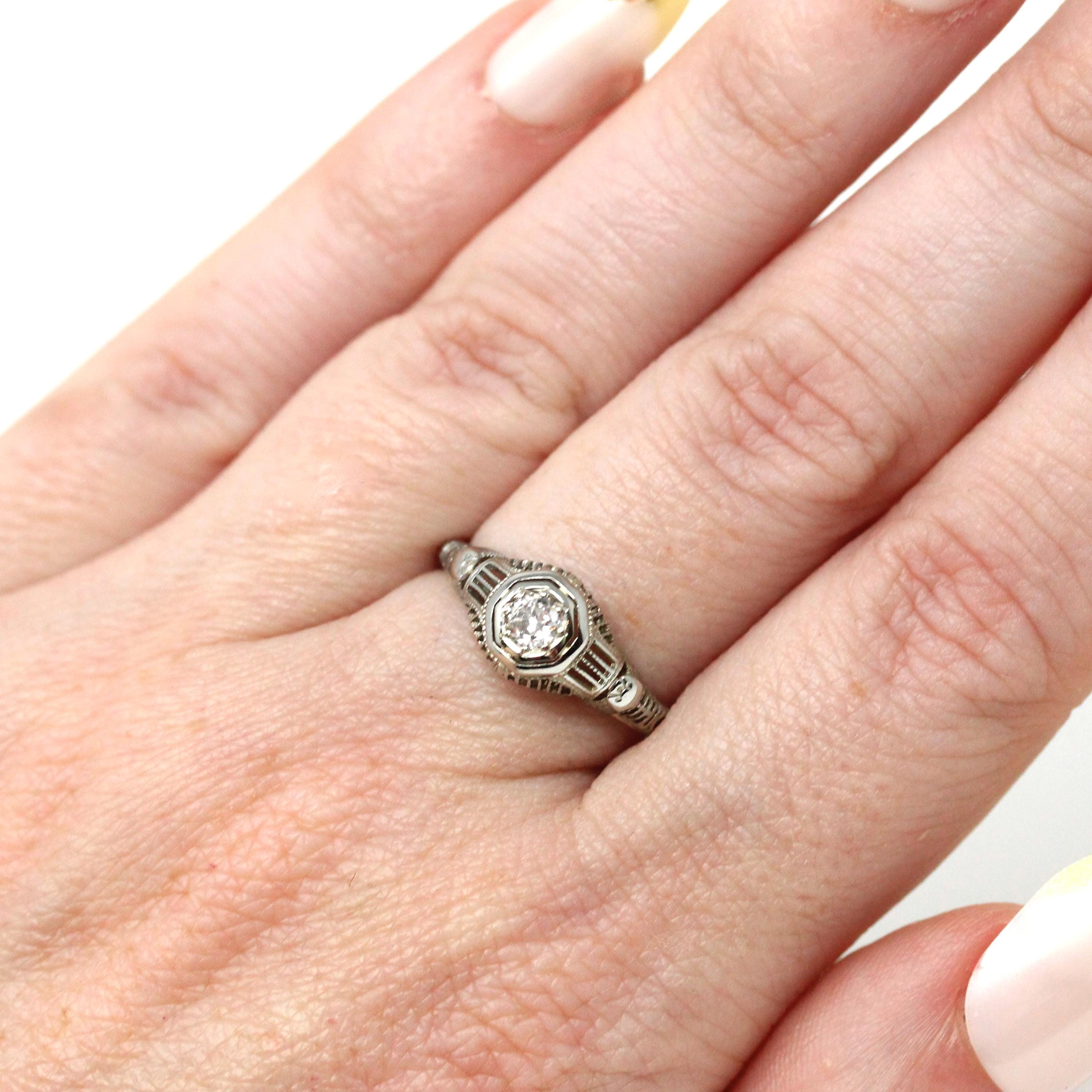 Antique Engagement Ring - Art Deco 18k White Gold .13 CT Natural Diamond Solitaire - Circa 1920s Era Size 6 1/4 Bridal Filigree Fine Jewelry