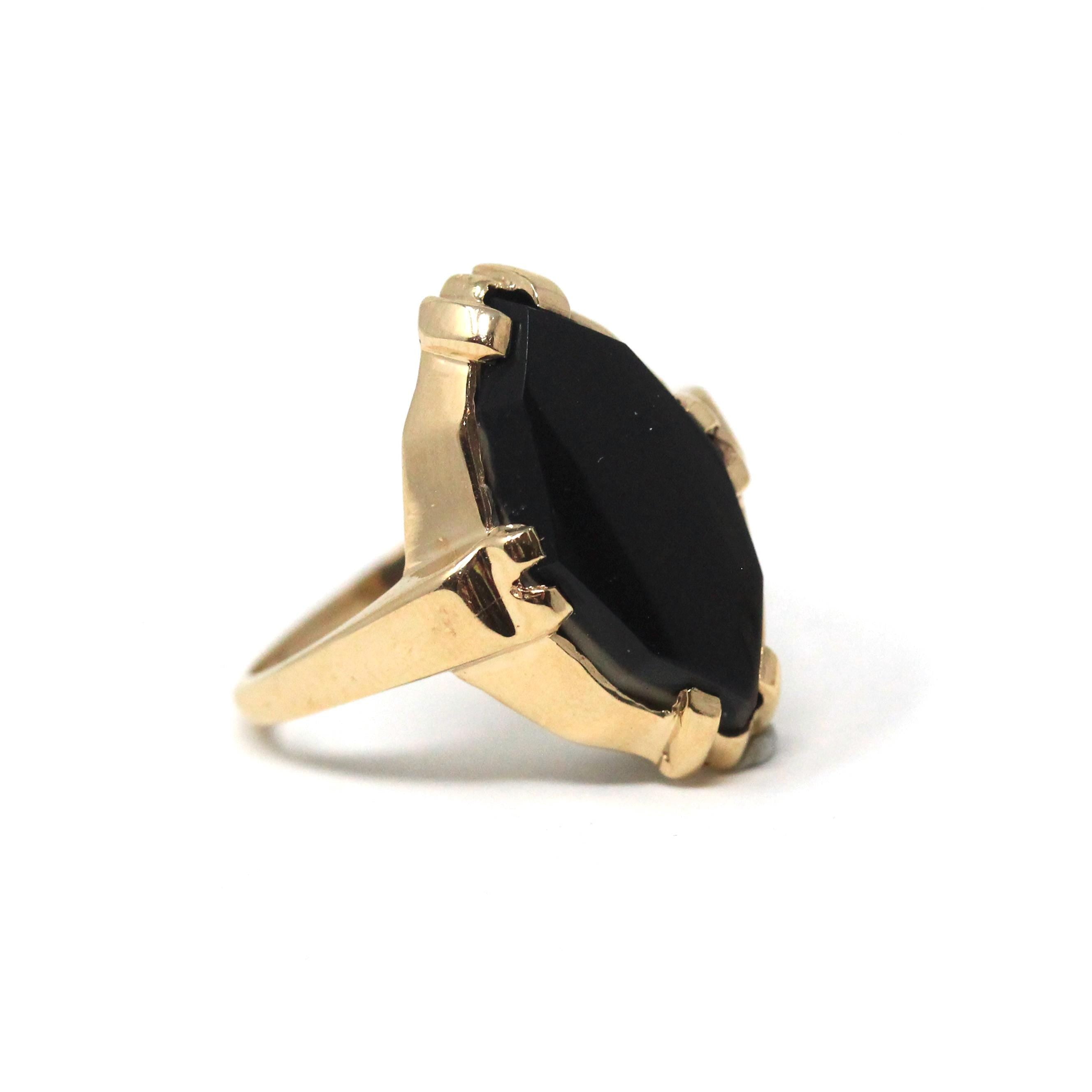 Vintage Onyx Ring - Retro 10k Yellow Gold Fancy Marquise Cut Black Chalcedony Cabochon Gemstone - Circa 1960s Size 6 Fine Statement Jewelry