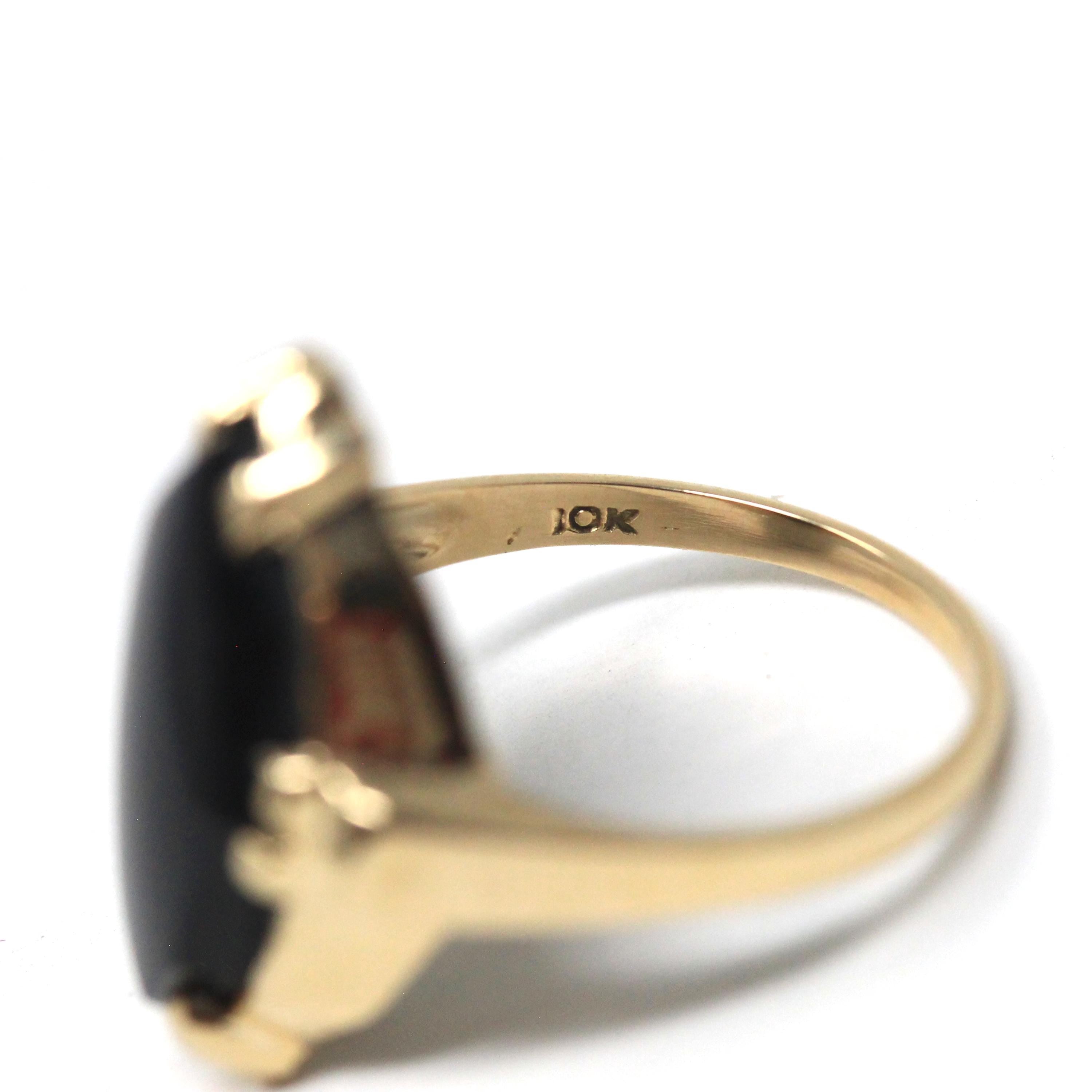 Vintage Onyx Ring - Retro 10k Yellow Gold Fancy Marquise Cut Black Chalcedony Cabochon Gemstone - Circa 1960s Size 6 Fine Statement Jewelry