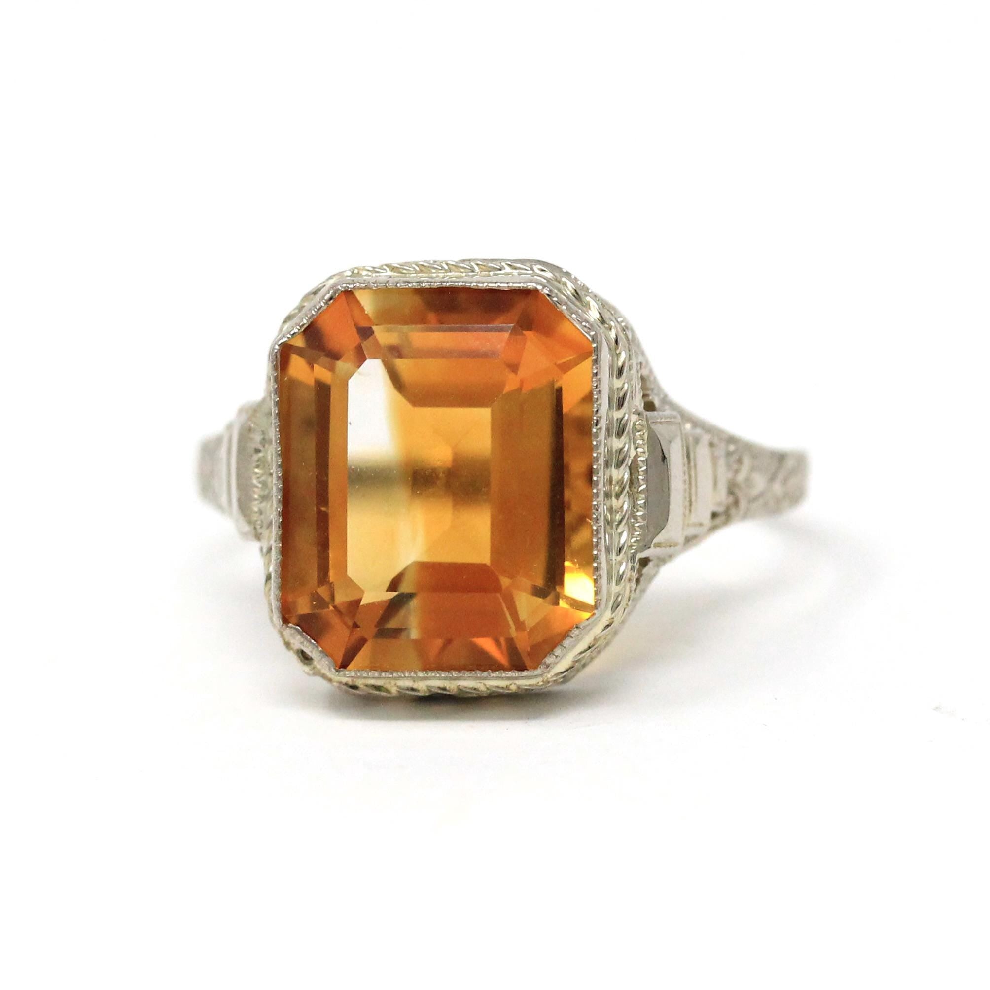 Natural Citrine Ring - Art Deco 14k White Gold Emerald Cut Gemstone - Vintage Circa 1930s Era Size 8 1/2 November Birthstone Fine Jewelry