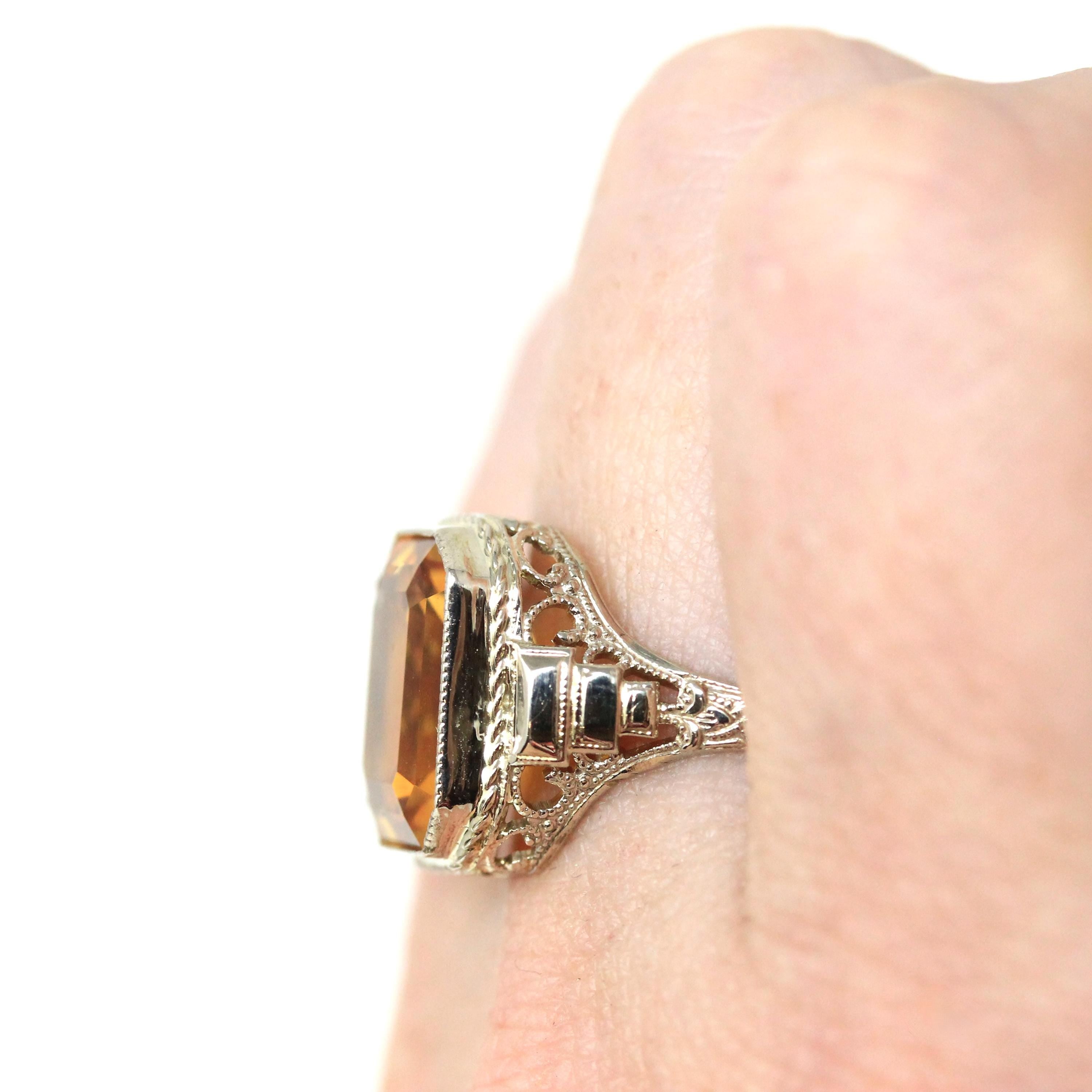 Natural Citrine Ring - Art Deco 14k White Gold Emerald Cut Gemstone - Vintage Circa 1930s Era Size 8 1/2 November Birthstone Fine Jewelry