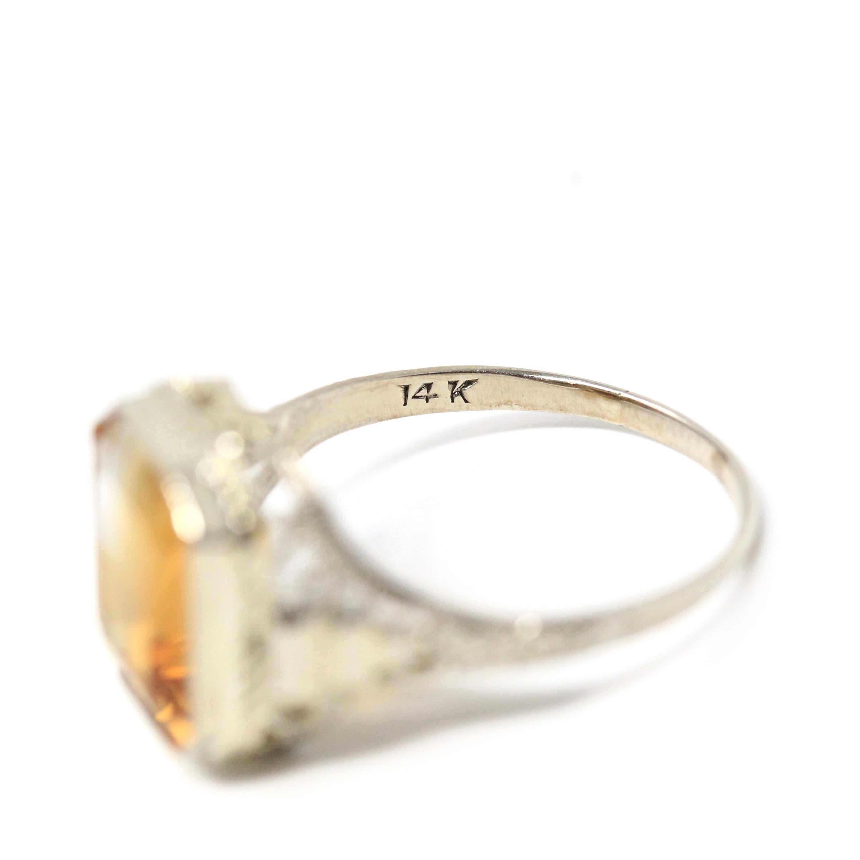 Natural Citrine Ring - Art Deco 14k White Gold Emerald Cut Gemstone - Vintage Circa 1930s Era Size 8 1/2 November Birthstone Fine Jewelry