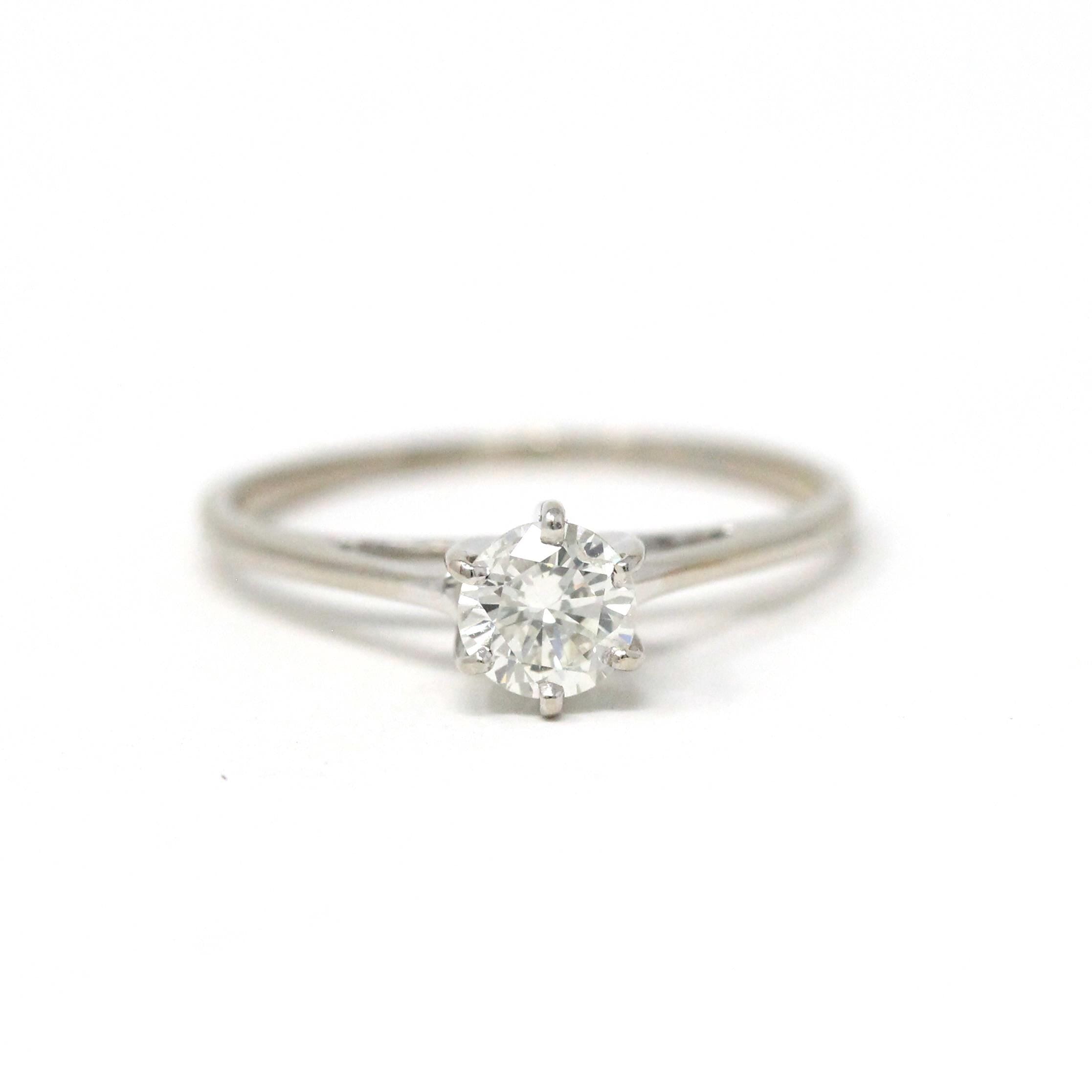 Diamond Solitaire Ring - Modern 14k White Gold Round Brilliant .37 CT Gem - Estate Size 4.75 Classic Dainty Cathedral Fine Bridal Jewelry