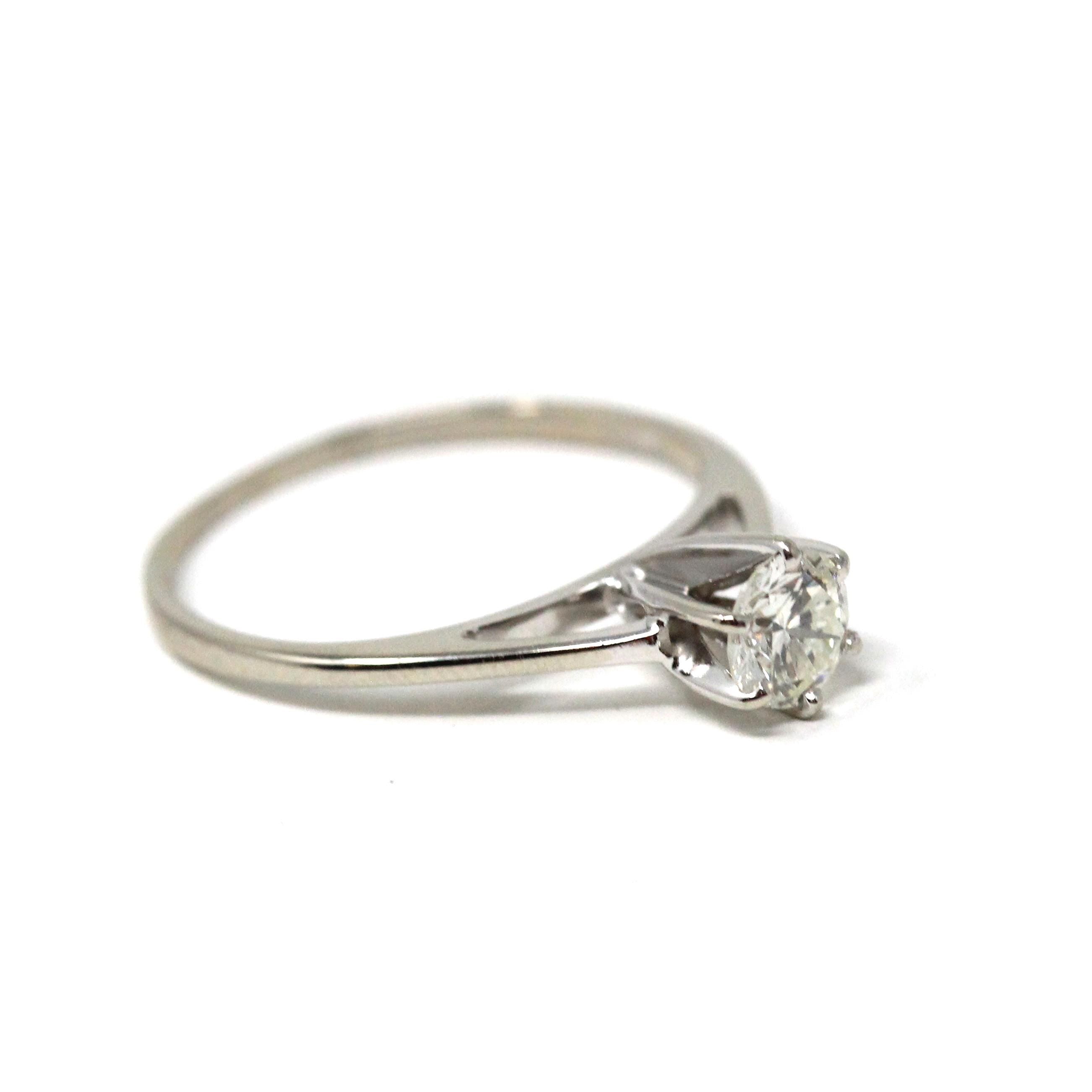 Diamond Solitaire Ring - Modern 14k White Gold Round Brilliant .37 CT Gem - Estate Size 4.75 Classic Dainty Cathedral Fine Bridal Jewelry