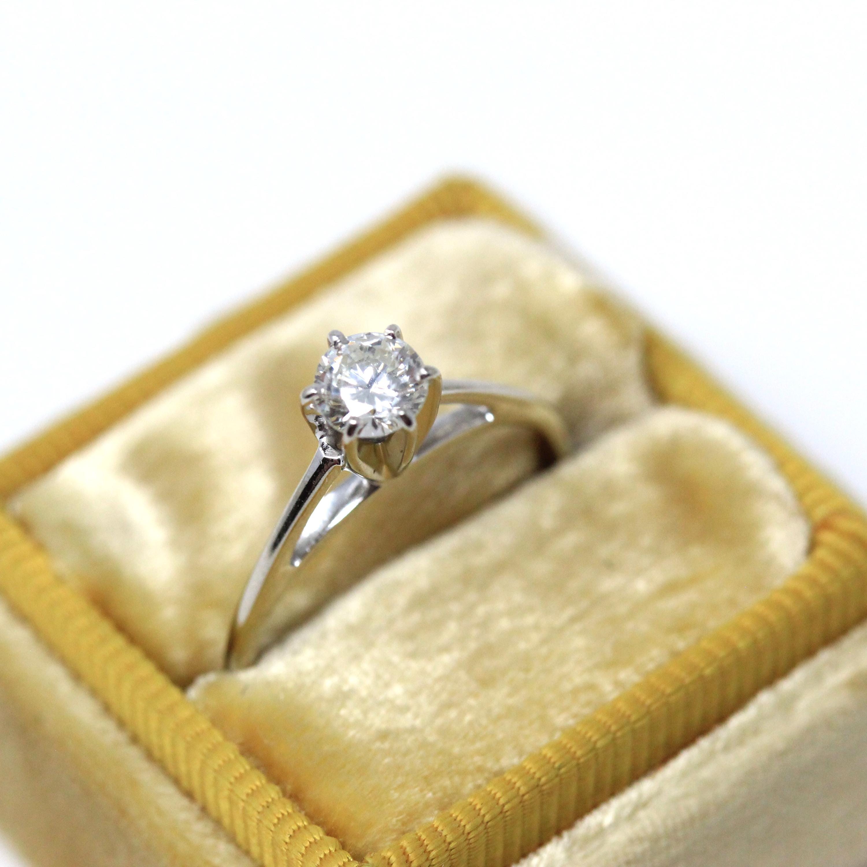 Diamond Solitaire Ring - Modern 14k White Gold Round Brilliant .37 CT Gem - Estate Size 4.75 Classic Dainty Cathedral Fine Bridal Jewelry