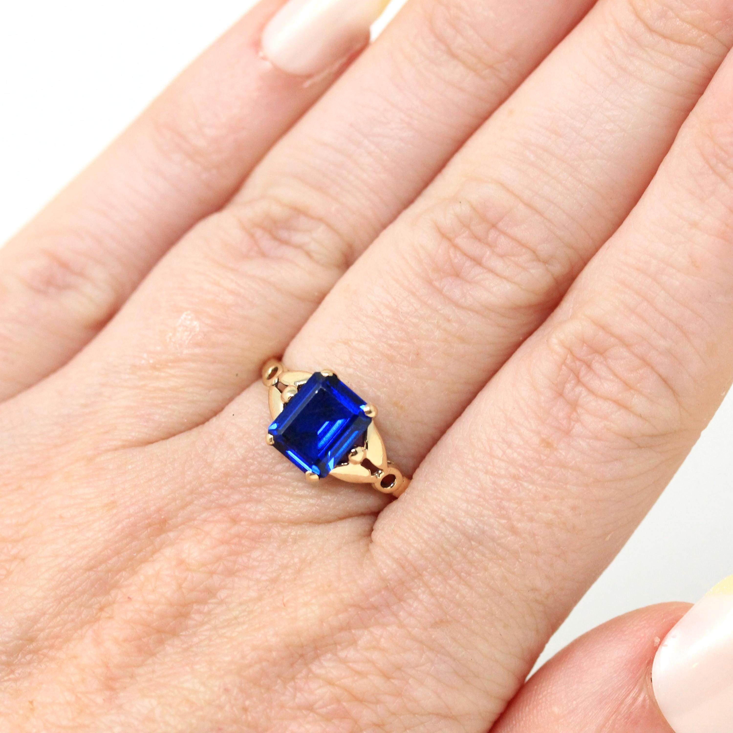 Created Spinel Ring - Mid Century 10k Yellow Gold Emerald Cut 4.41 CT Blue Stone - Circa 1940s Era Size 6 Statement Fine Birthstone Jewelry