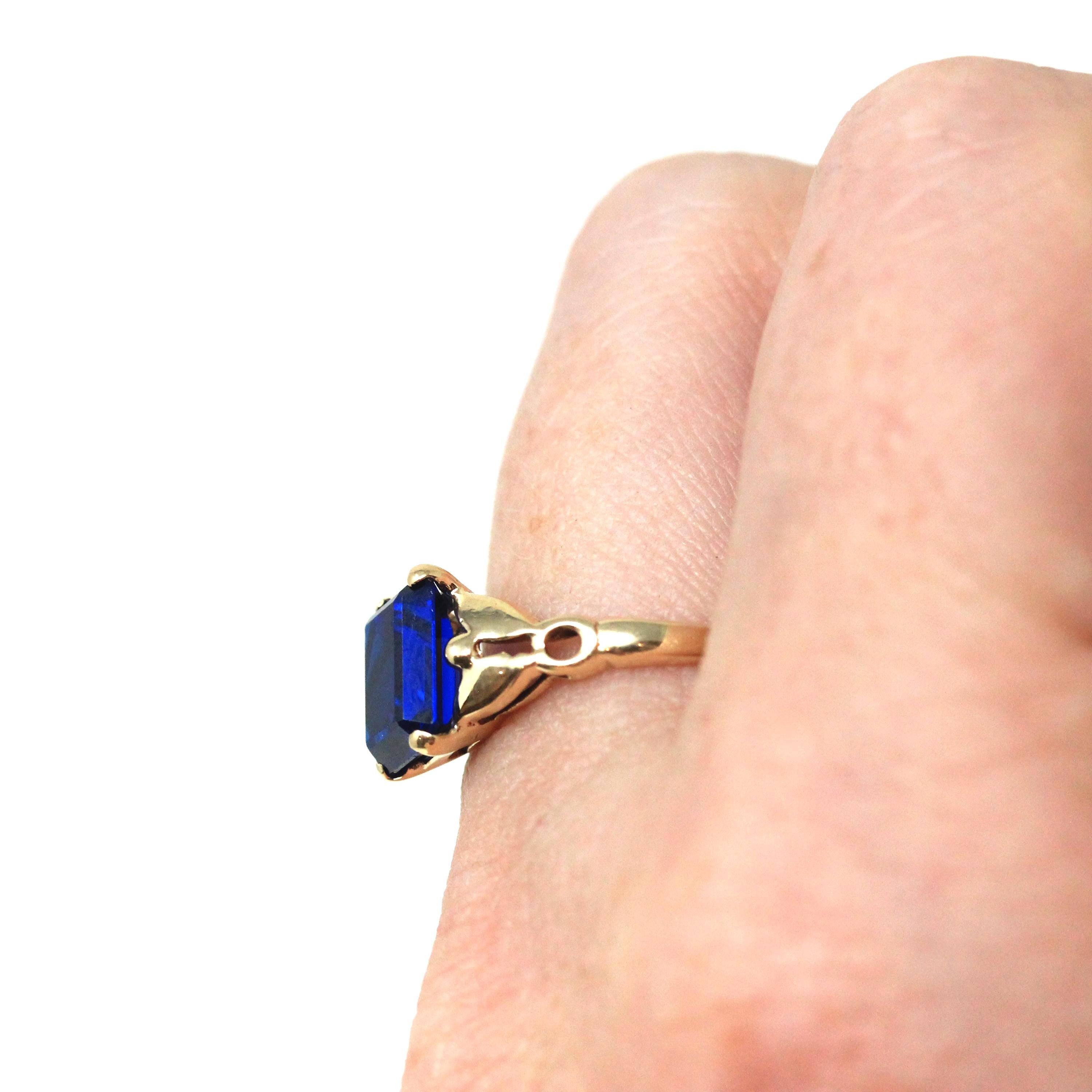 Created Spinel Ring - Mid Century 10k Yellow Gold Emerald Cut 4.41 CT Blue Stone - Circa 1940s Era Size 6 Statement Fine Birthstone Jewelry