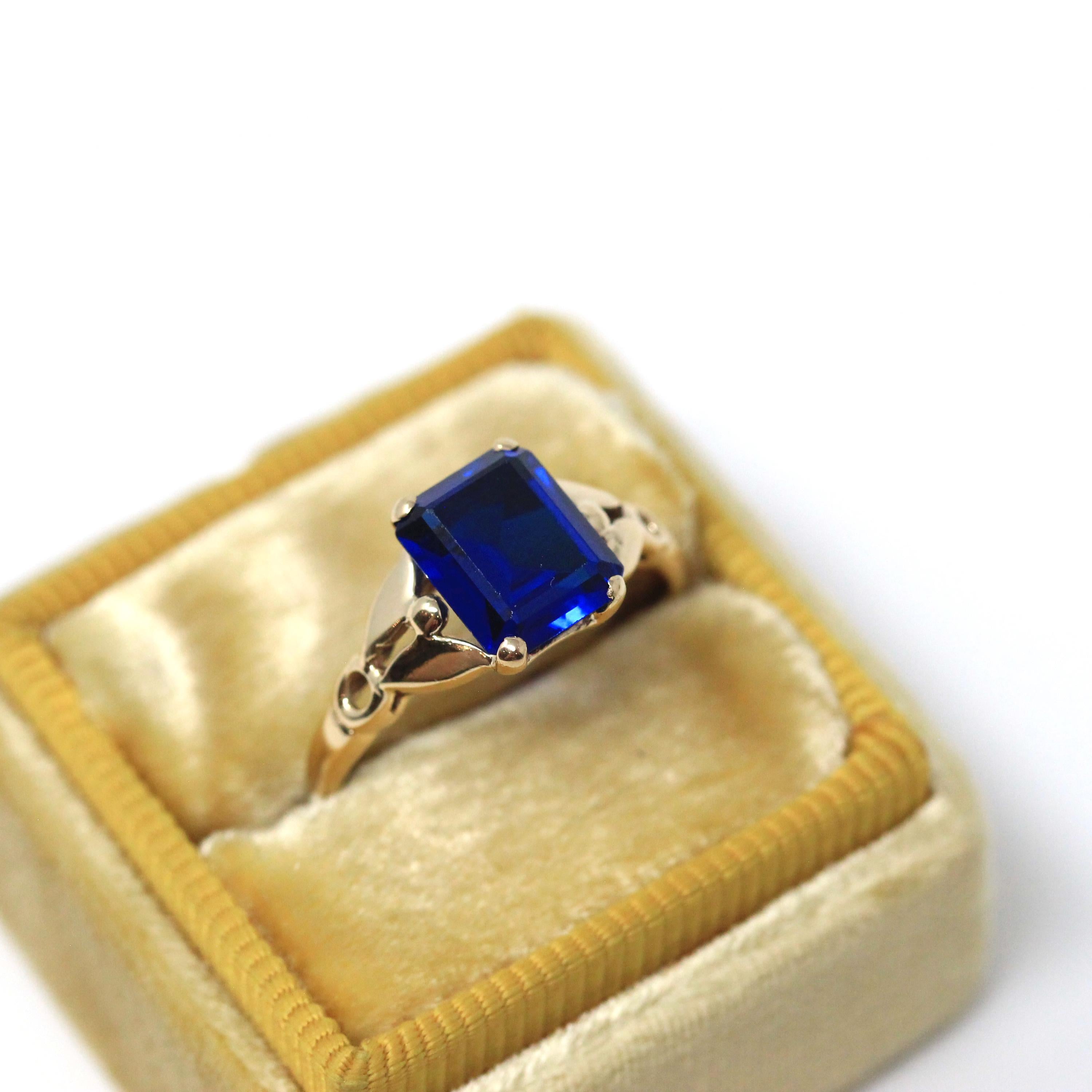 Created Spinel Ring - Mid Century 10k Yellow Gold Emerald Cut 4.41 CT Blue Stone - Circa 1940s Era Size 6 Statement Fine Birthstone Jewelry