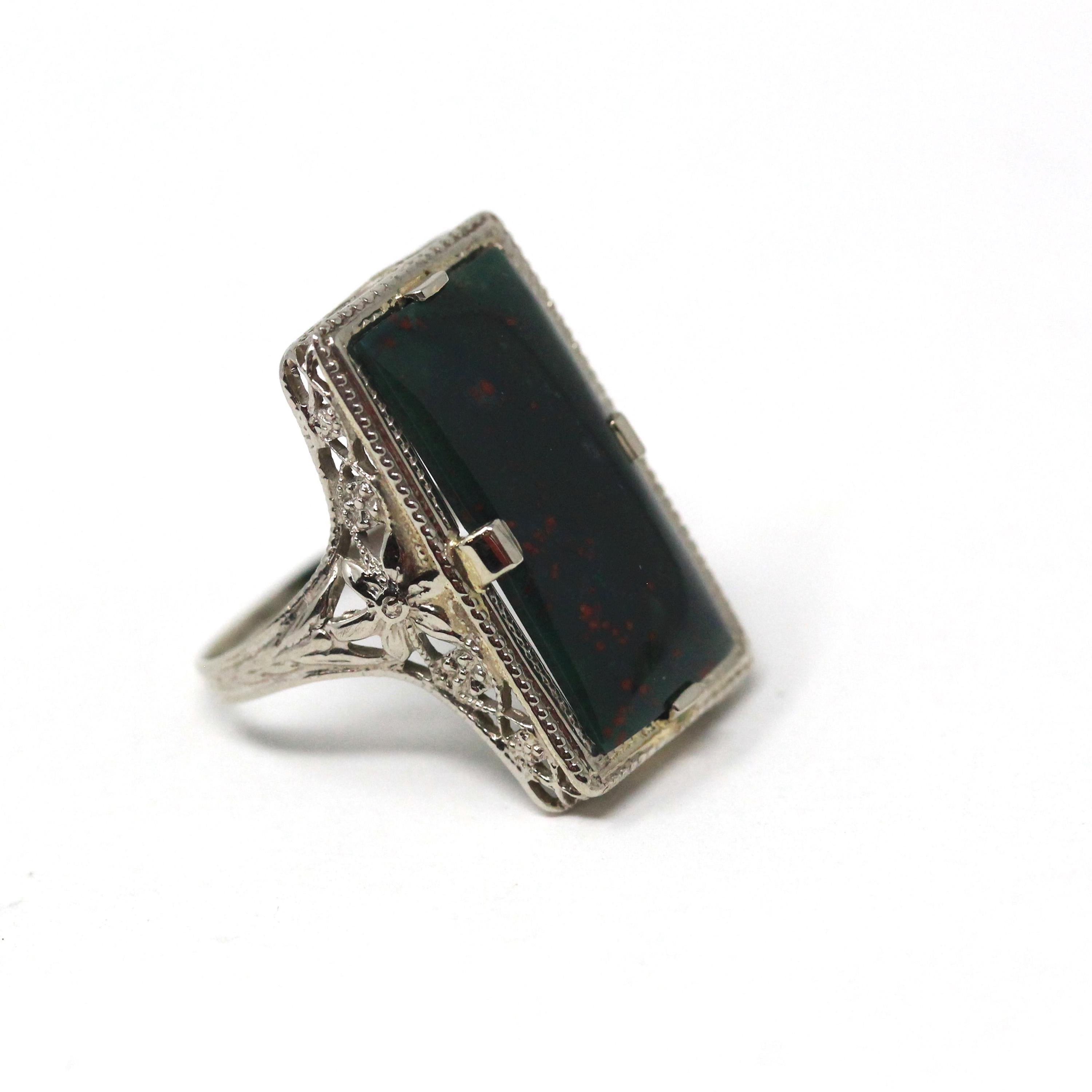 Vintage Bloodstone Ring - Art Deco 14k White Gold Dark Green Oxblood Red Gem - Circa 1930s Era Size 4 1/2 Heliotrope Fine Filigree Jewelry