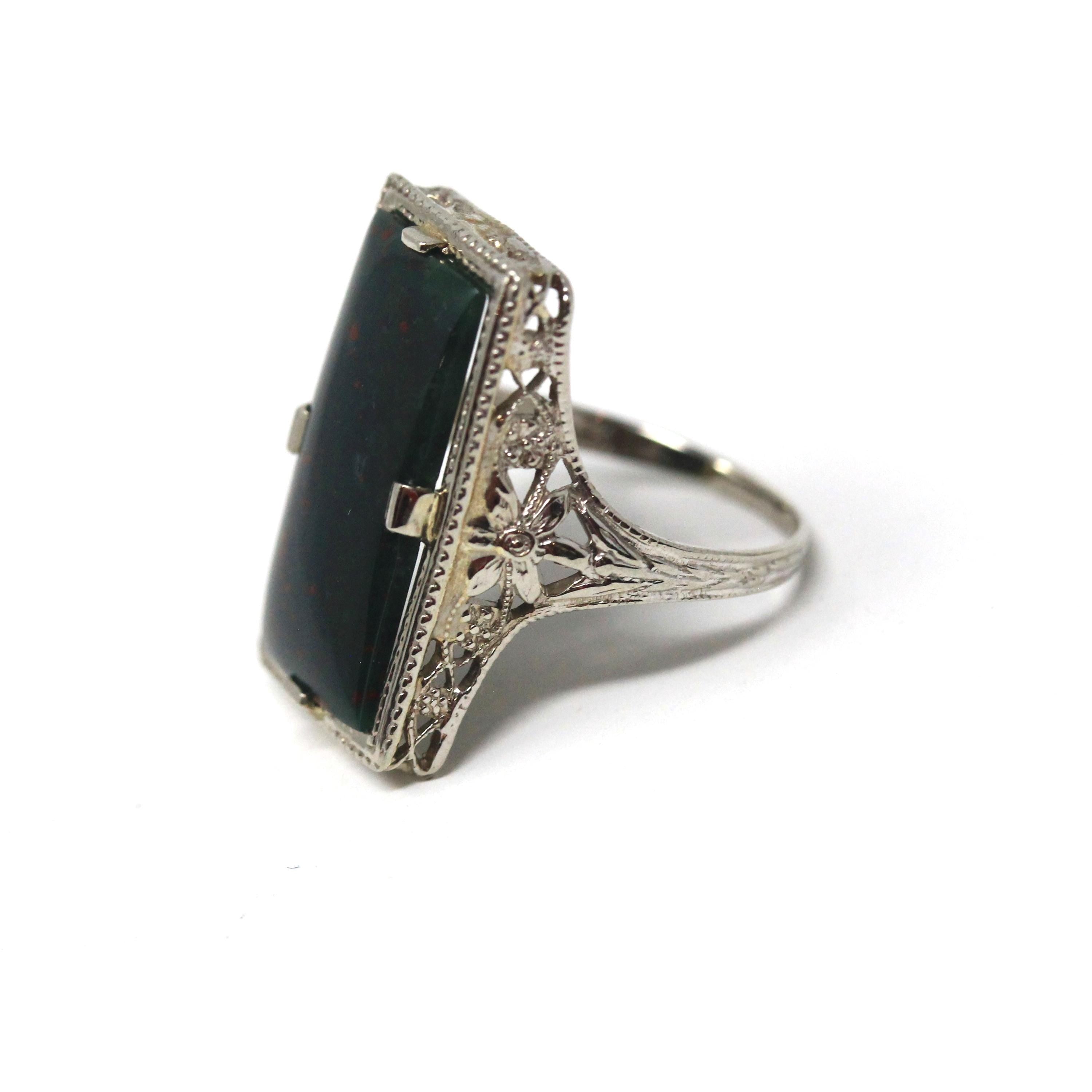 Vintage Bloodstone Ring - Art Deco 14k White Gold Dark Green Oxblood Red Gem - Circa 1930s Era Size 4 1/2 Heliotrope Fine Filigree Jewelry