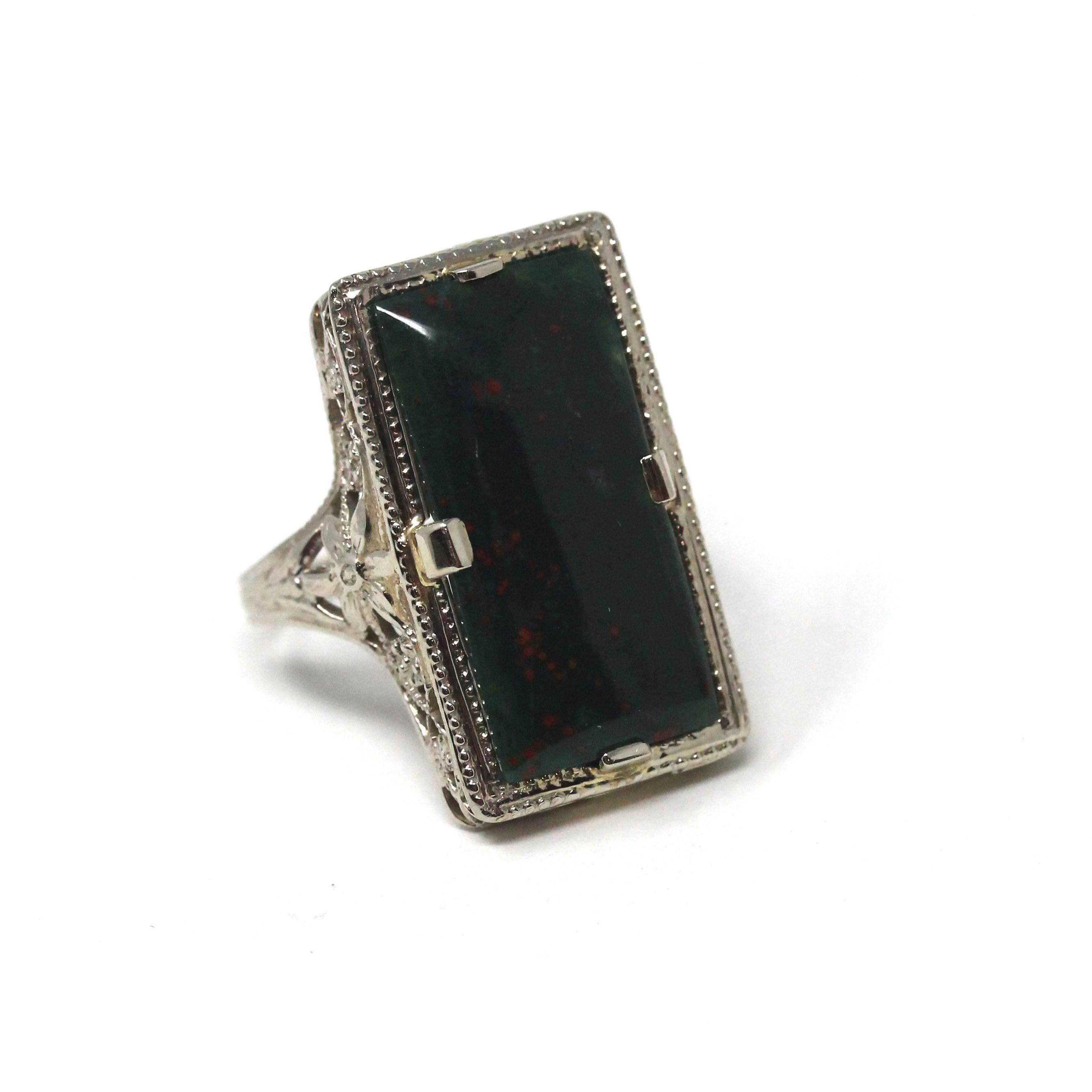 Vintage Bloodstone Ring - Art Deco 14k White Gold Dark Green Oxblood Red Gem - Circa 1930s Era Size 4 1/2 Heliotrope Fine Filigree Jewelry