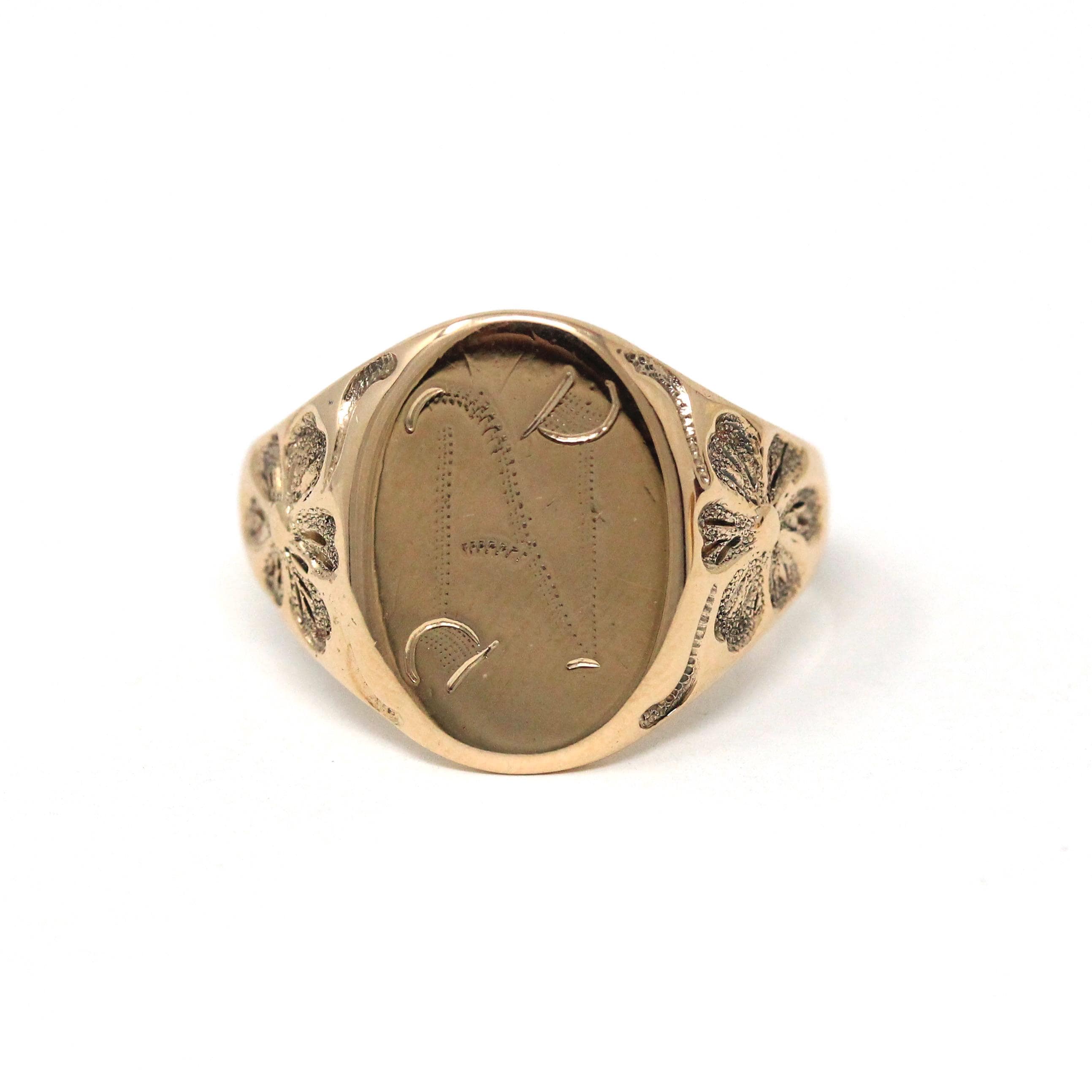 Ostby & Barton Signet Ring - Edwardian Era 10k Gold Oval Letter "N" Men's Unisex Flower Statement - Antique 1900s Size 8 1/4 Fine Jewelry