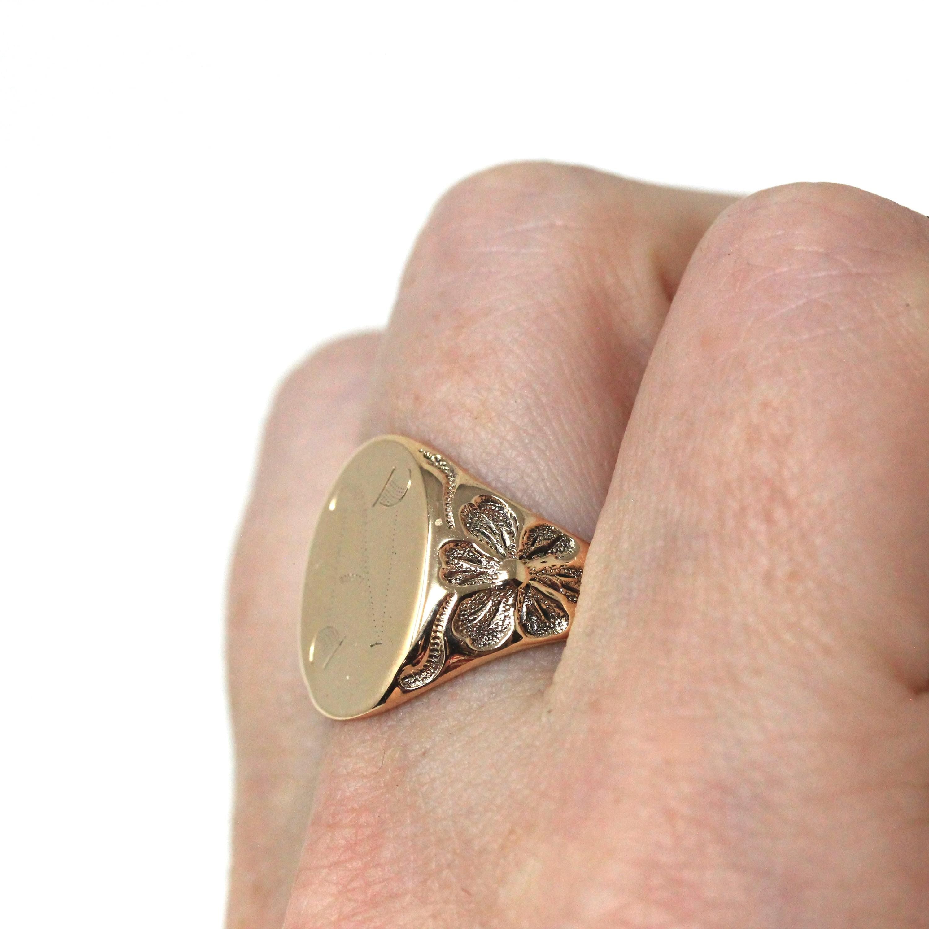 Ostby & Barton Signet Ring - Edwardian Era 10k Gold Oval Letter "N" Men's Unisex Flower Statement - Antique 1900s Size 8 1/4 Fine Jewelry