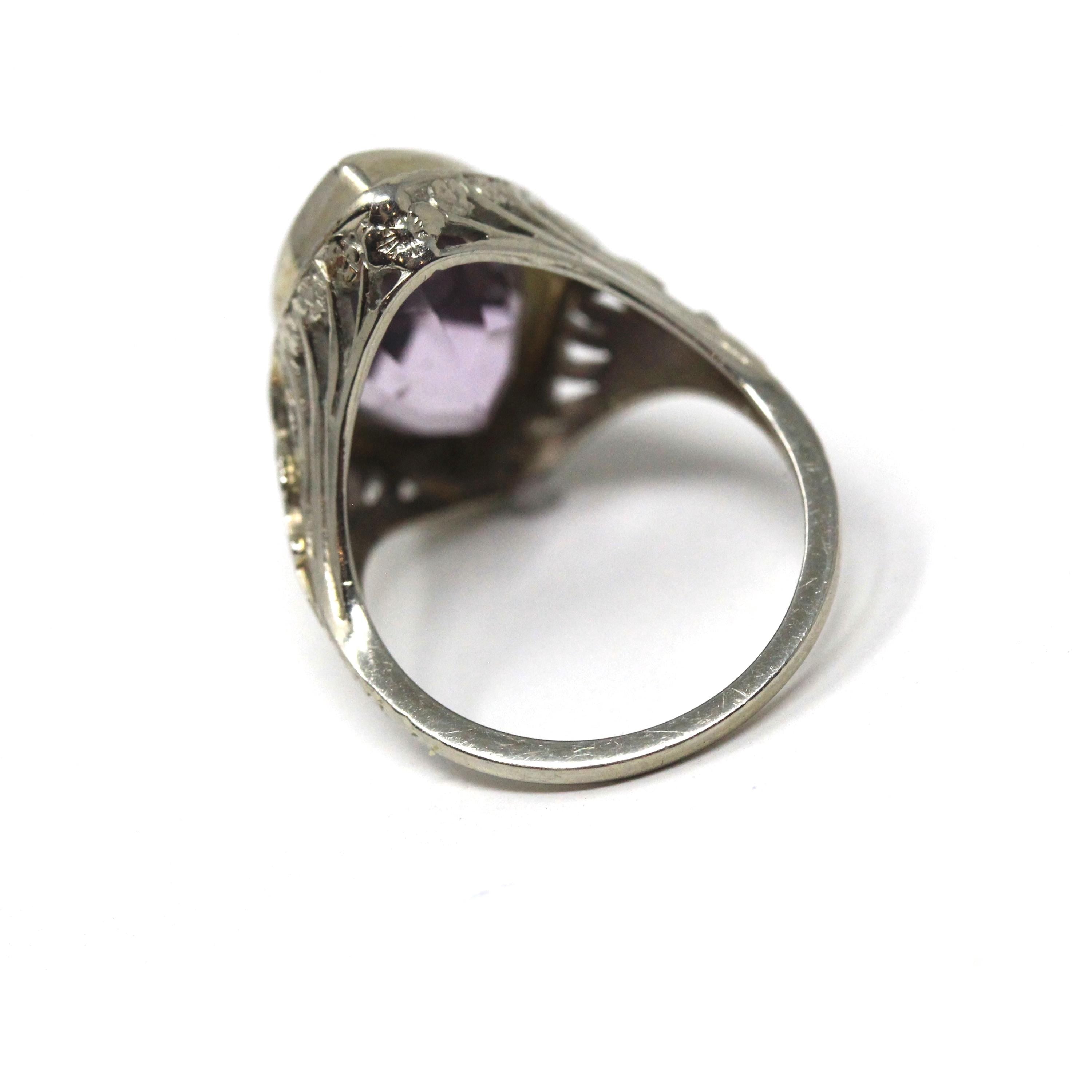 Amethyst & Diamond Ring - Art Deco 18k White Gold Marquise Cut Purple Gemstone Flower - Circa 1930s Era Size 4 1/4 Statement Fine Jewelry