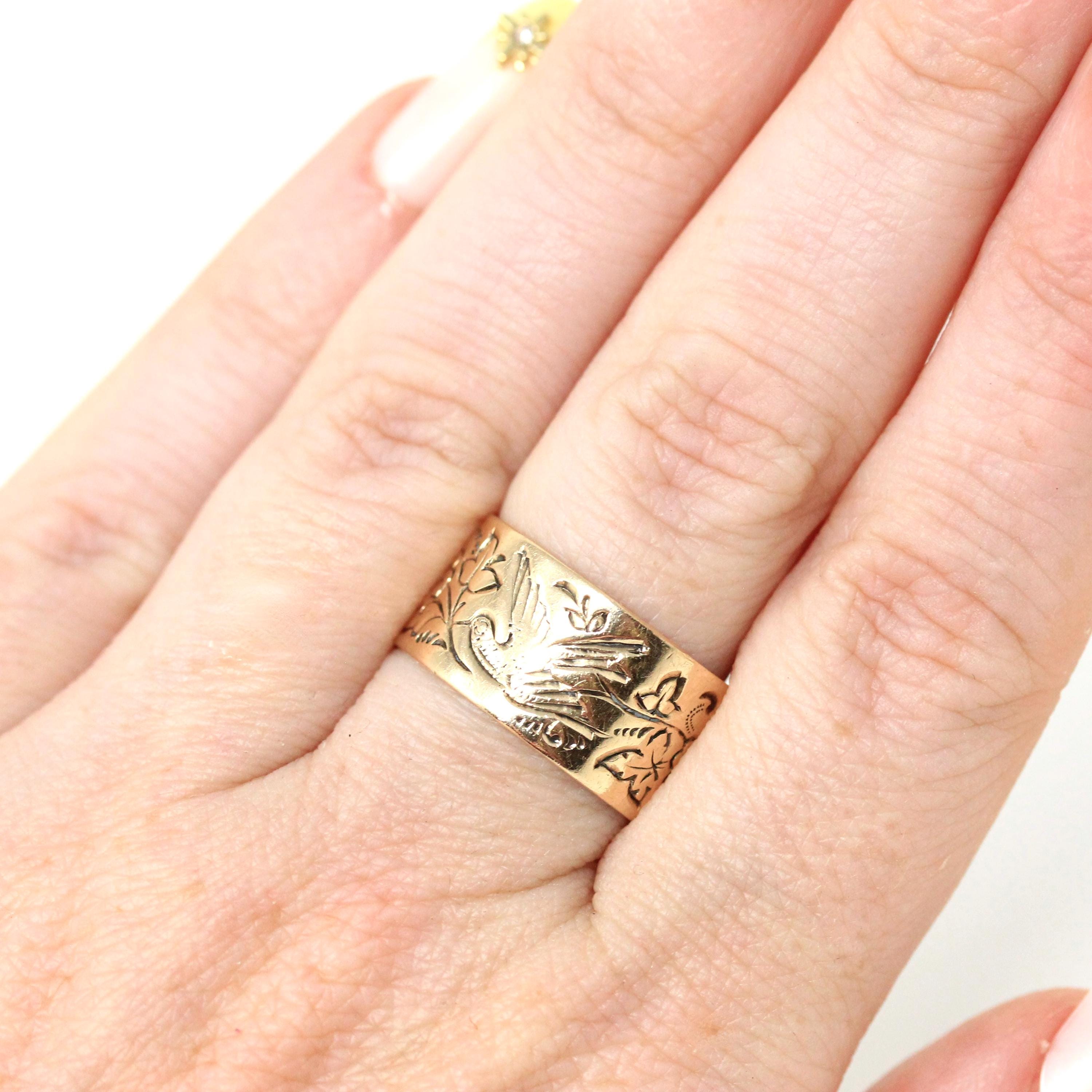 Antique Cigar Band - Edwardian 10k Rosy Yellow Gold Nature Inspired Bird Flower Ring - Circa 1900s Size 6 1/2 Fine Unisex Statement Jewelry