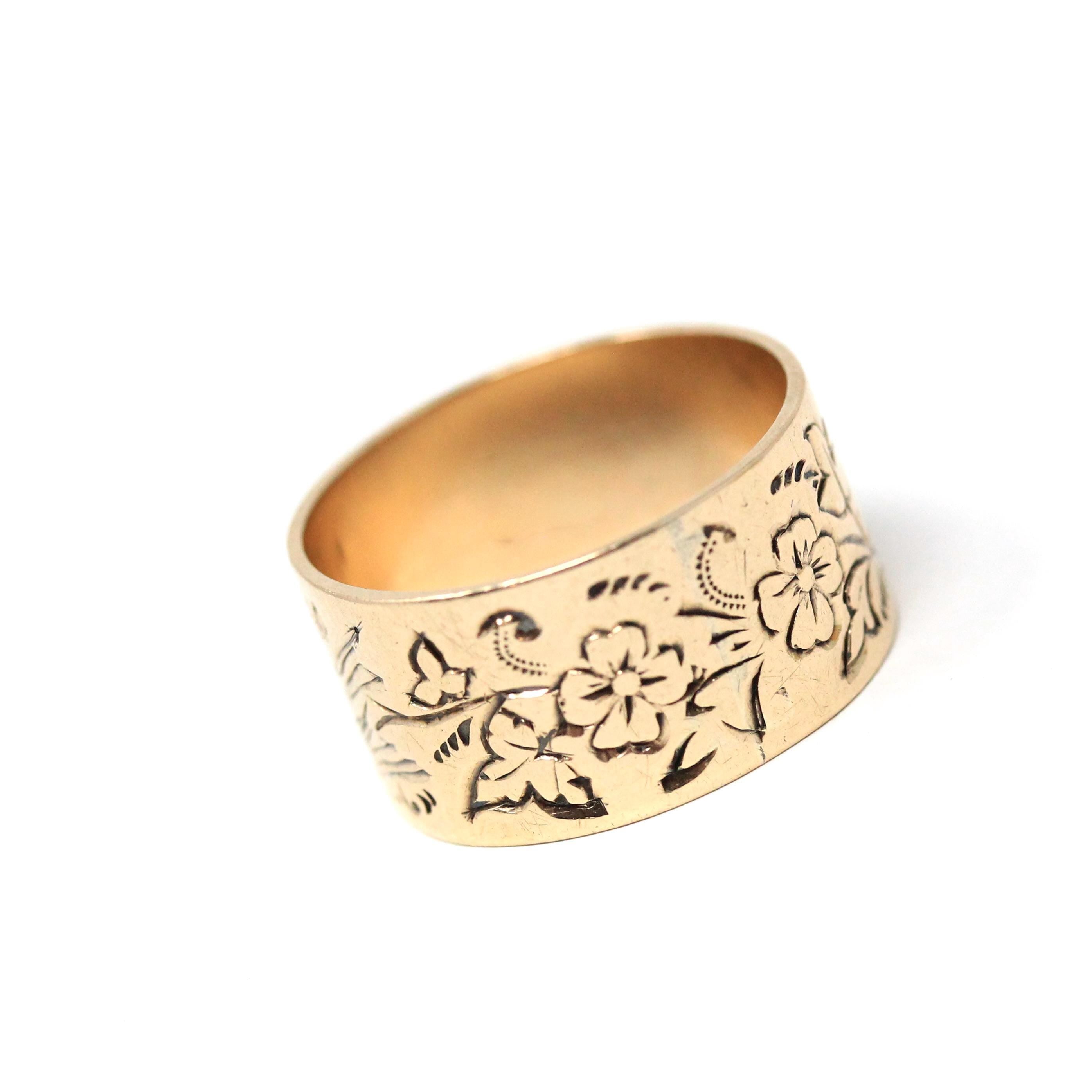 Antique Cigar Band - Edwardian 10k Rosy Yellow Gold Nature Inspired Bird Flower Ring - Circa 1900s Size 6 1/2 Fine Unisex Statement Jewelry